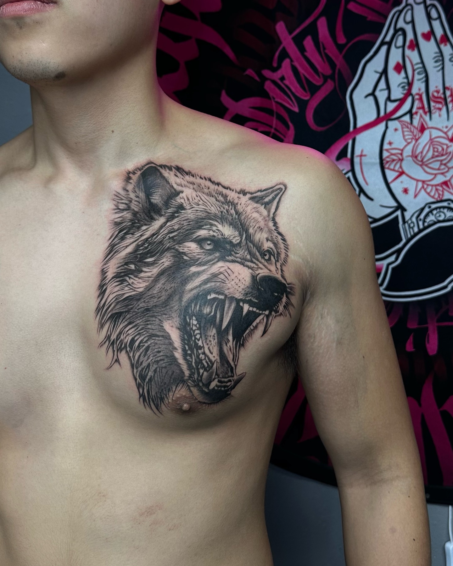 Wolf realism tattoo on the chest by 📍 Austin