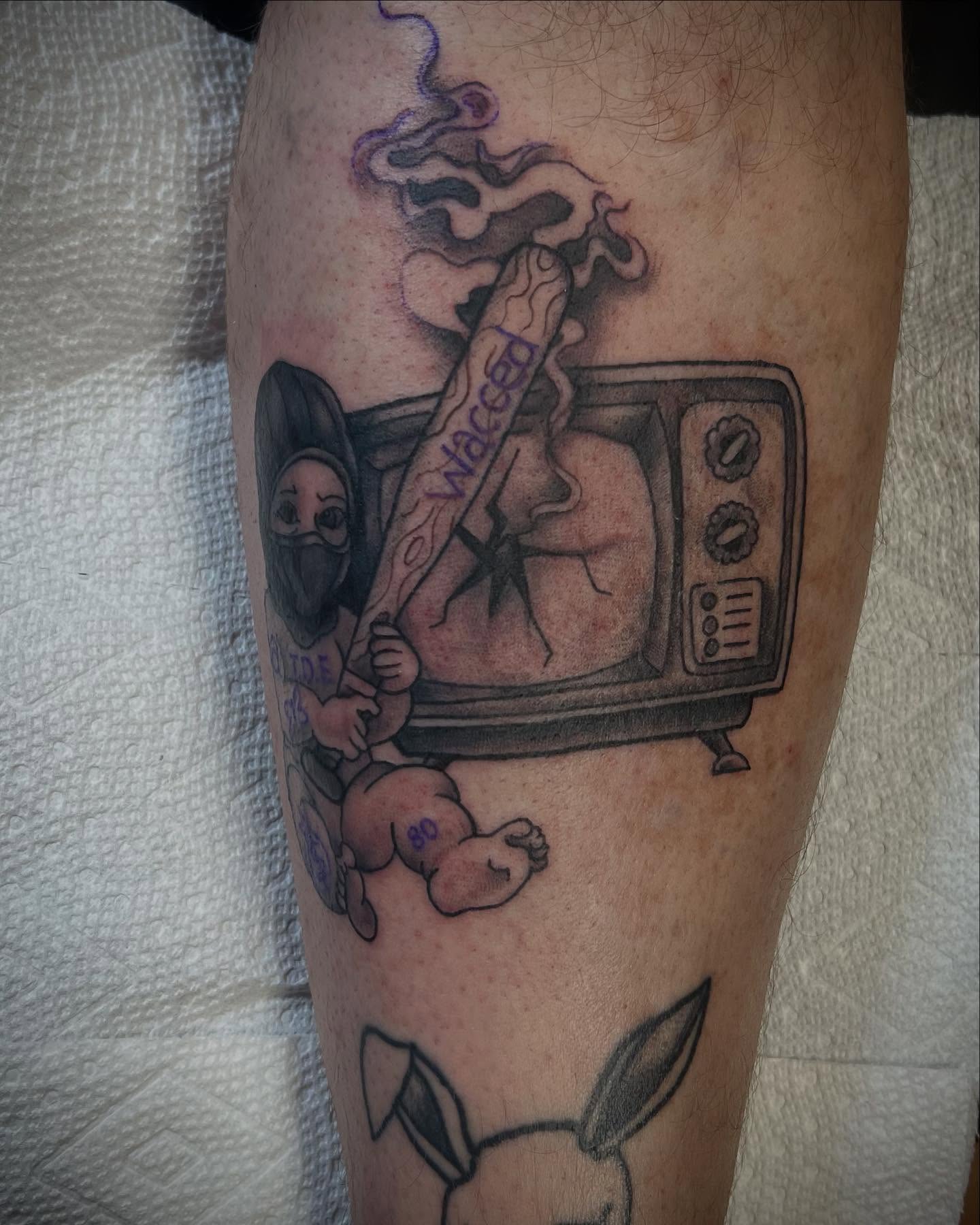 Tv, wario, pikachu dotwork tattoo on the forearm by Katie Sayre