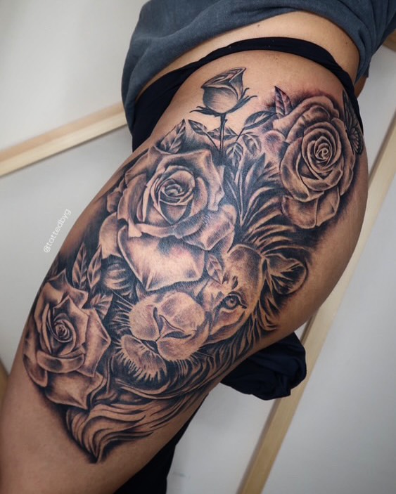 Lion and roses realism tattoo on the thigh by ✧ Dallas Tattoo Artist  ✧