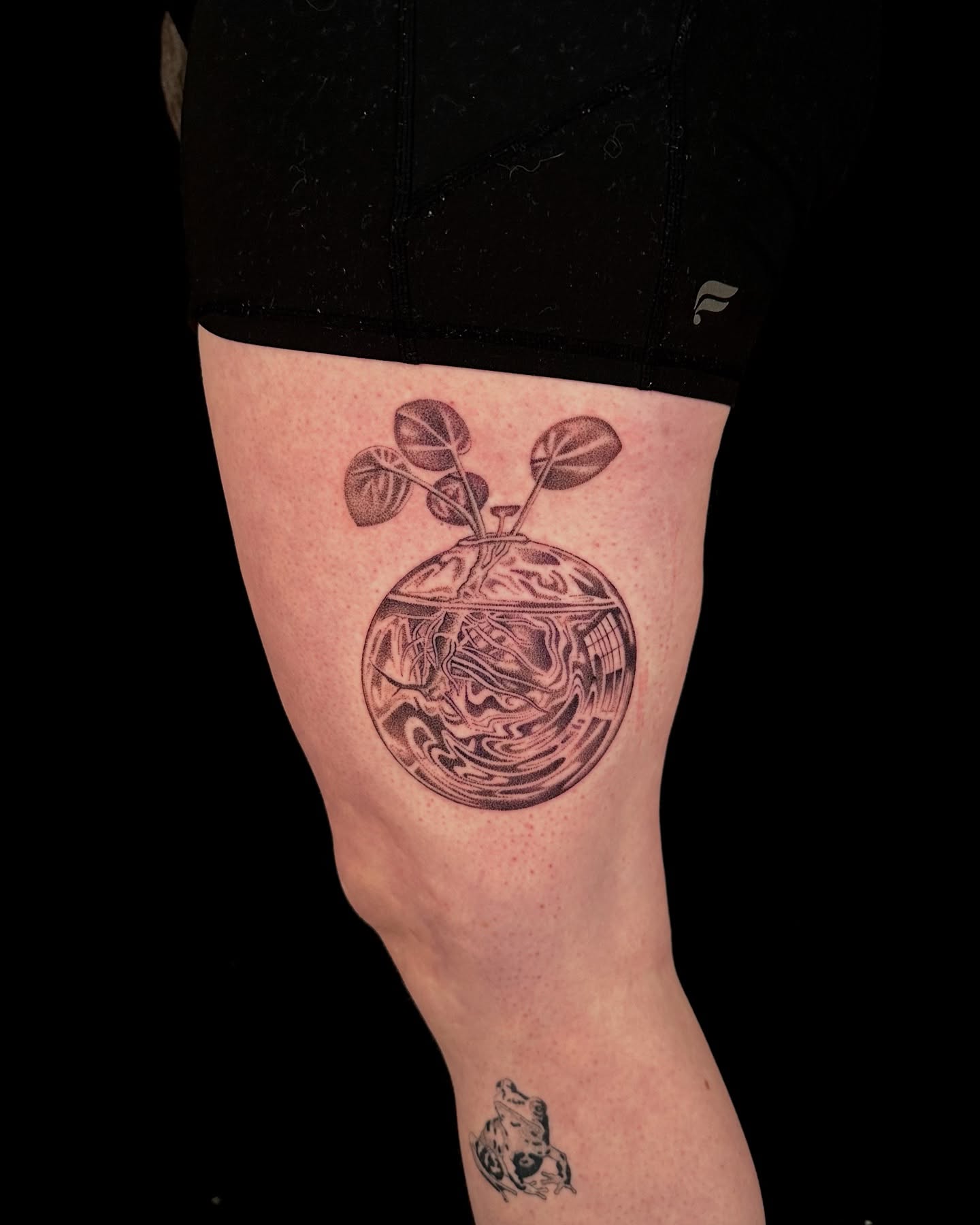Plant growing from globe black and grey tattoo on the thigh by Chelsey