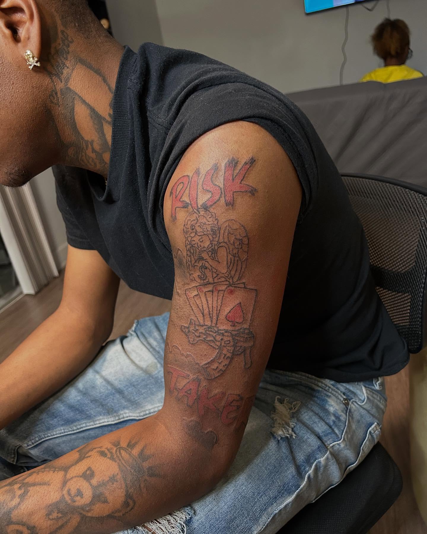 Cards and woman American traditional tattoo on the forearm by 702tattoo💉🩸