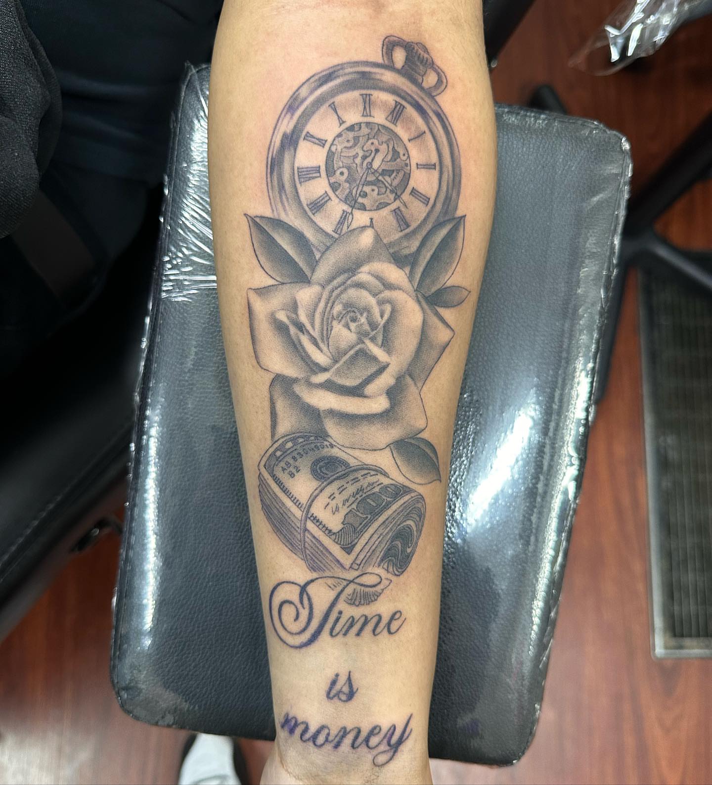 Time is money realism tattoo on the forearm by Kat π
