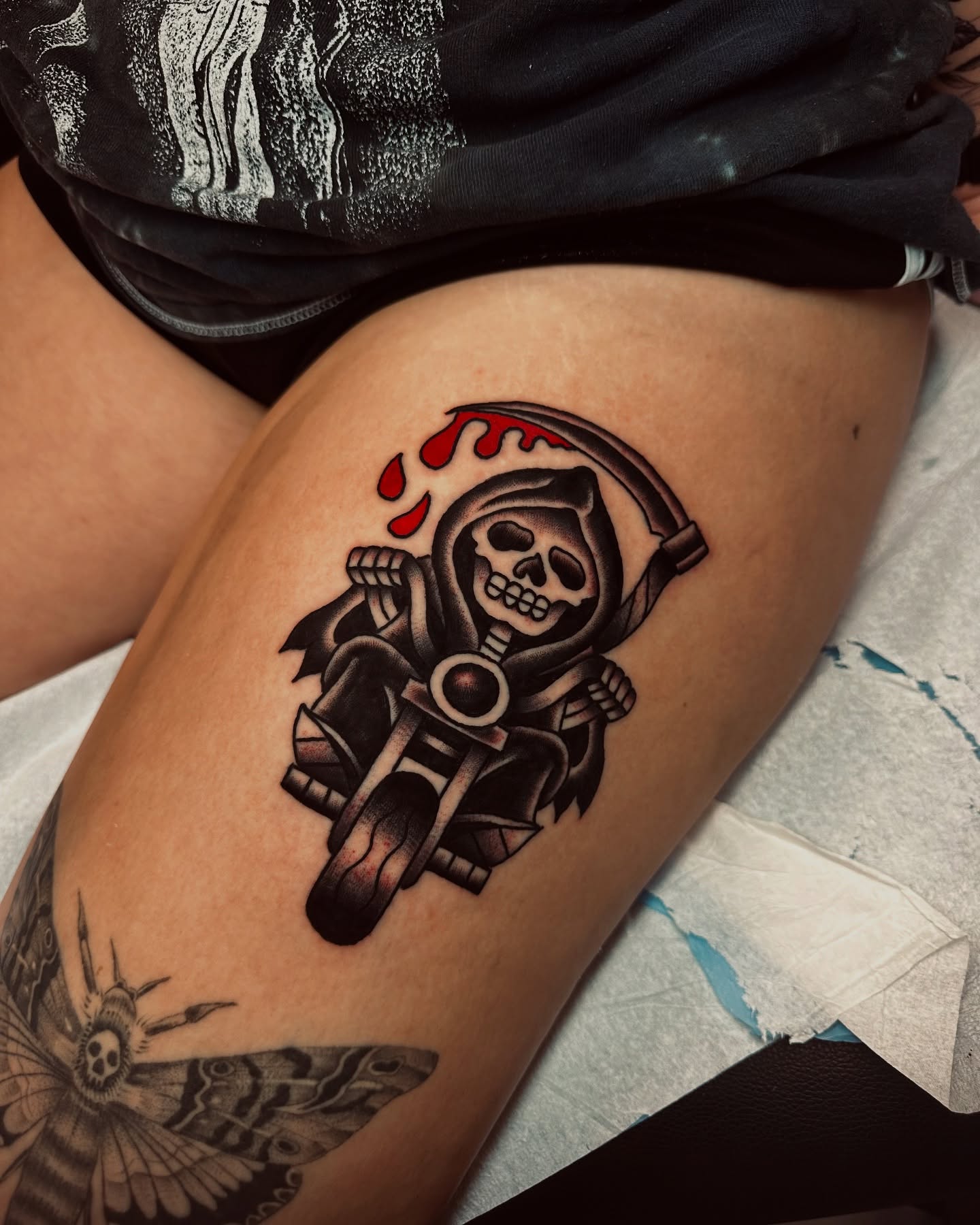 Reaper on motorcycle black and grey tattoo on the thigh by Matthew, Georgetown, Texas