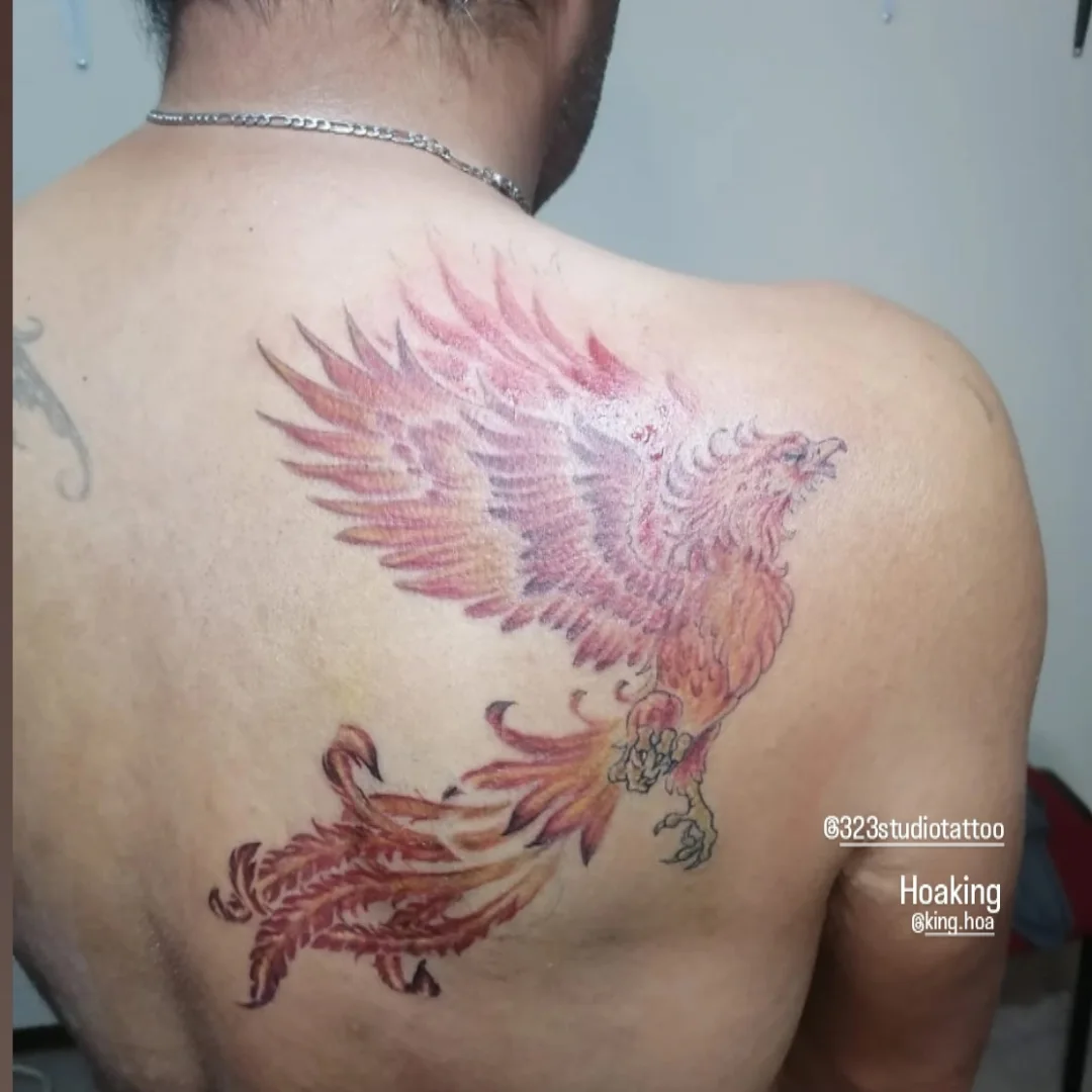 Phoenix realism tattoo on the back by Hoa King