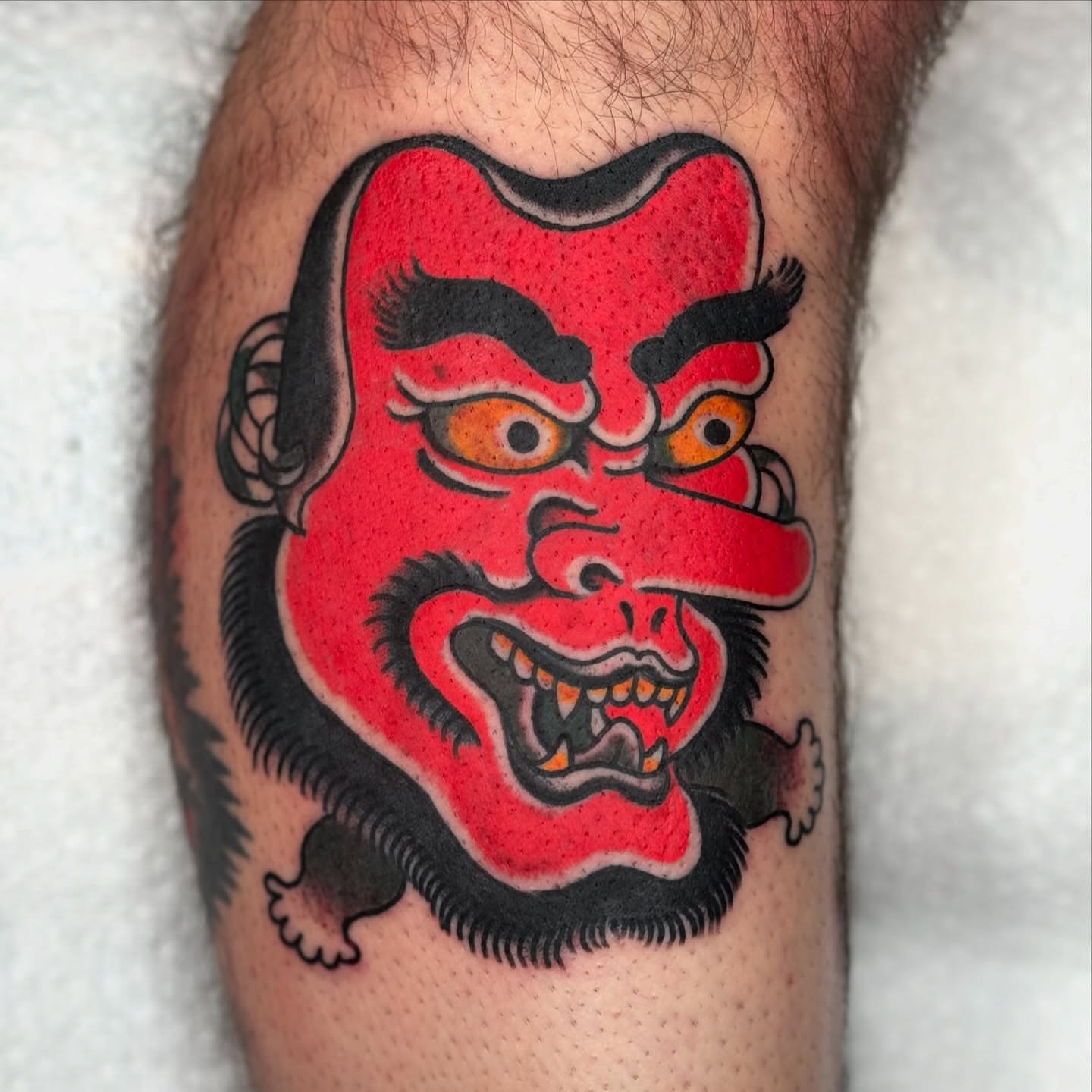 Demon mask japanese irezumi tattoo on the forearm by Domanick Libretti, Nashville, Tennessee