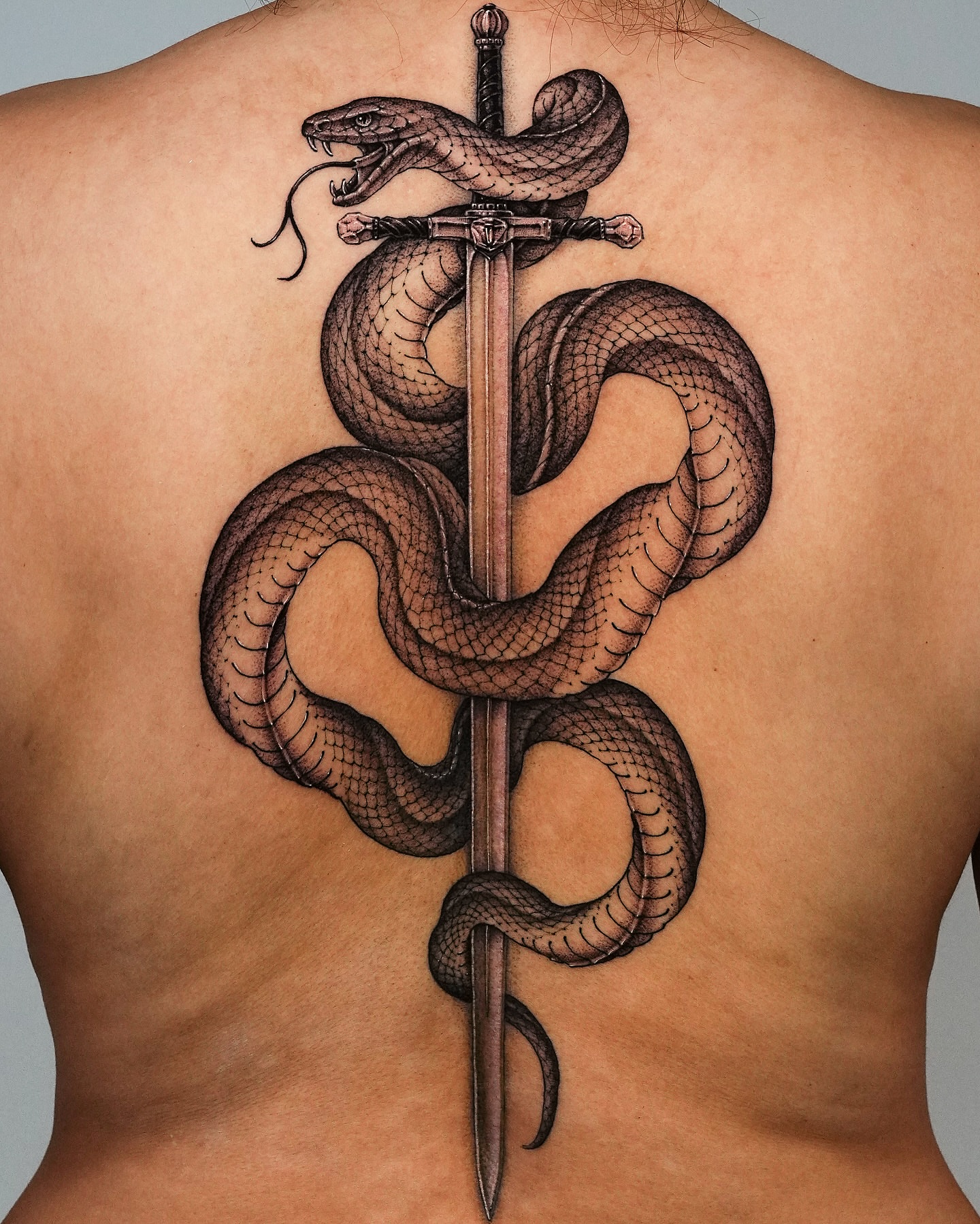 Snake and sword realism tattoo on the back by Intat
