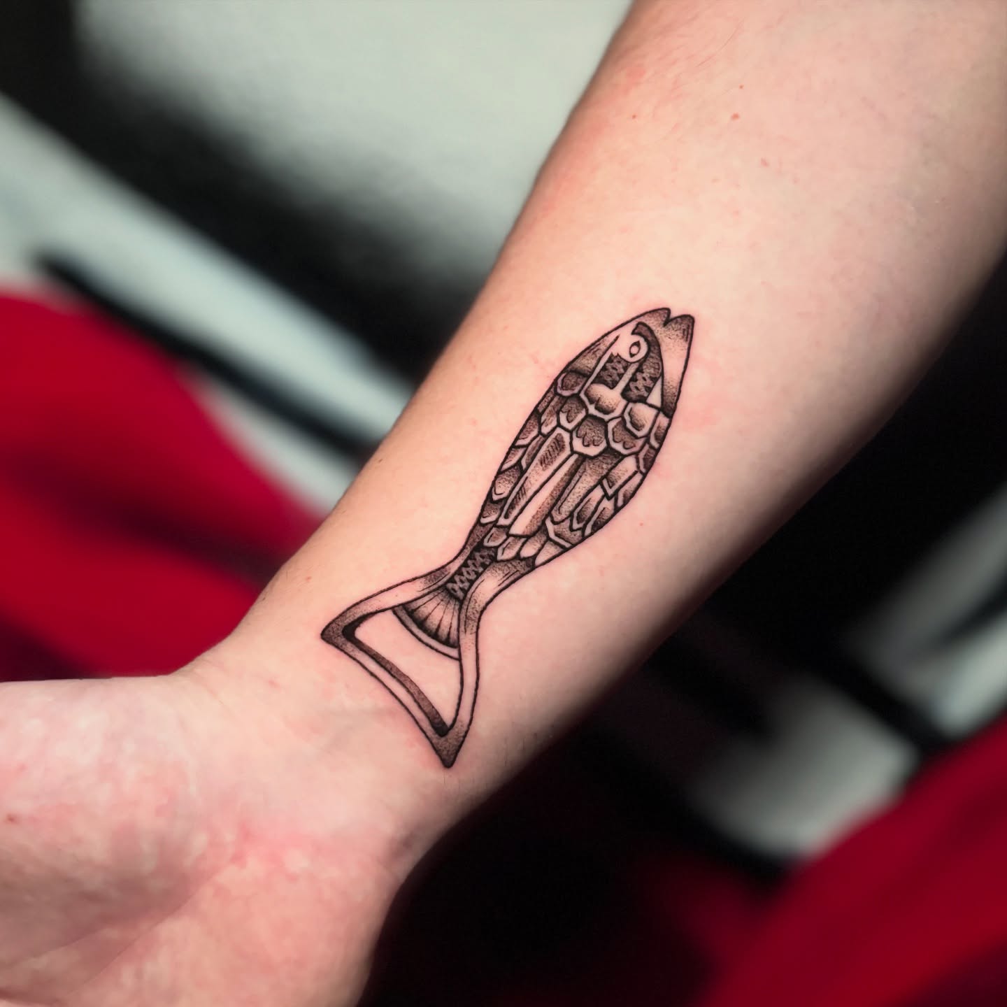 Fish skeleton black and grey tattoo on the forearm by 𝕊𝕒𝕞 ☪︎ ִ ࣪𖤐 𐦍 ☾𖤓
