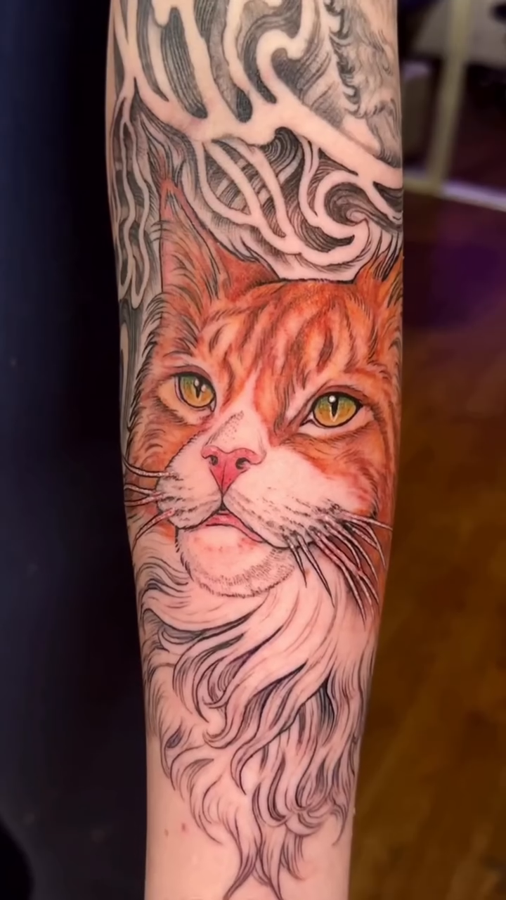 Cat portrait realism tattoo on the forearm by 🦎Langley Osborn Tattoos🦎, Maryville, Tennessee