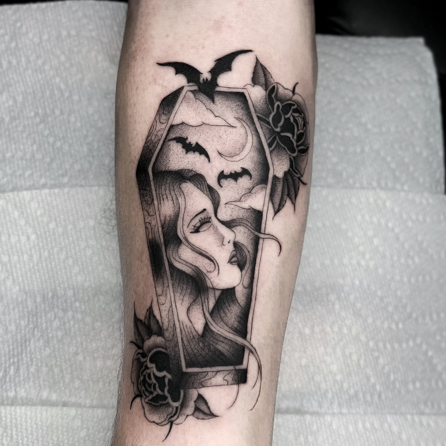 Woman with bats dotwork tattoo on the forearm by @sadfoo_tattoo, Austin, Texas