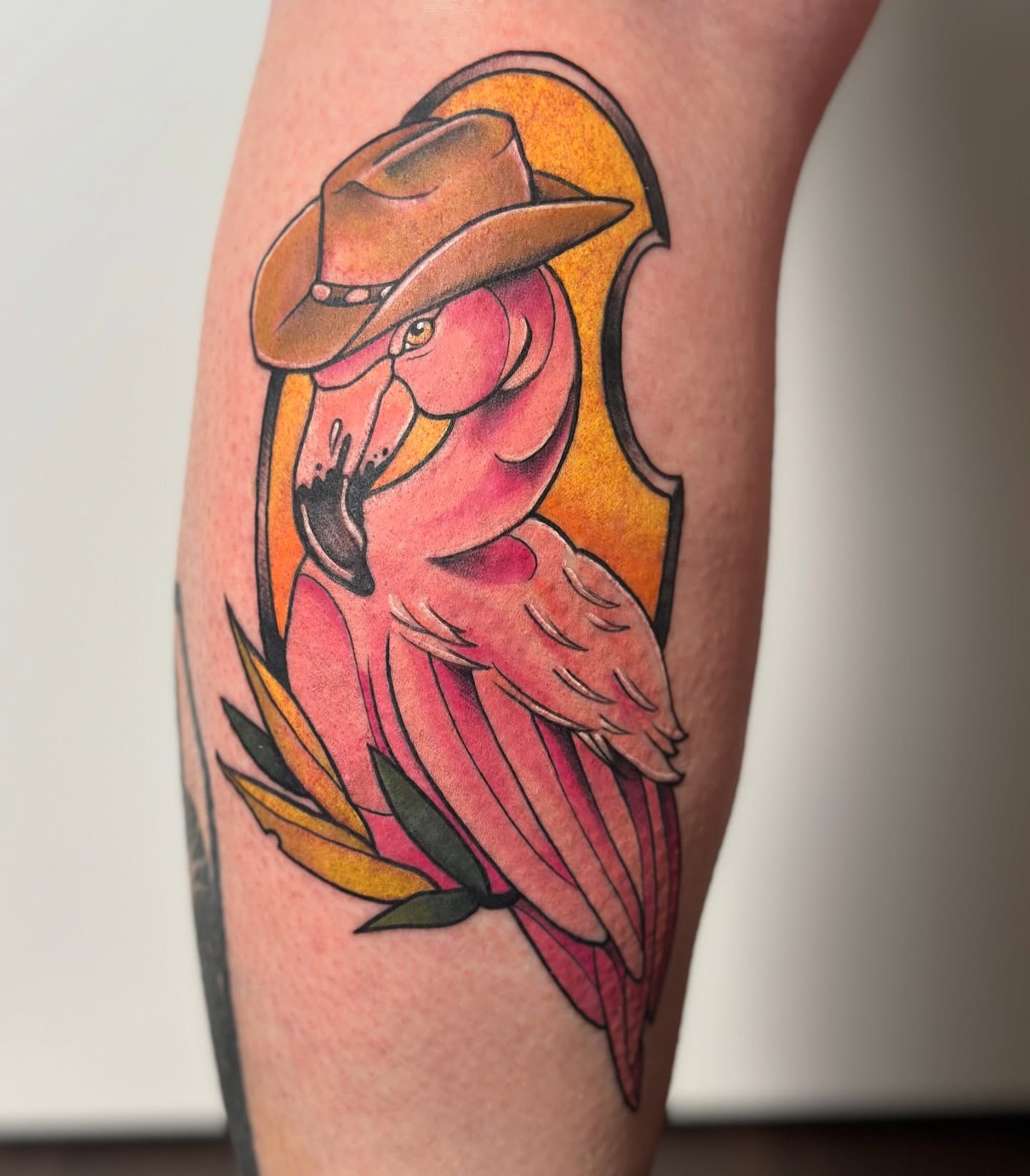 Parrot wearing a hat American traditional tattoo on the forearm by Sarah Bobby, Houston, Texas