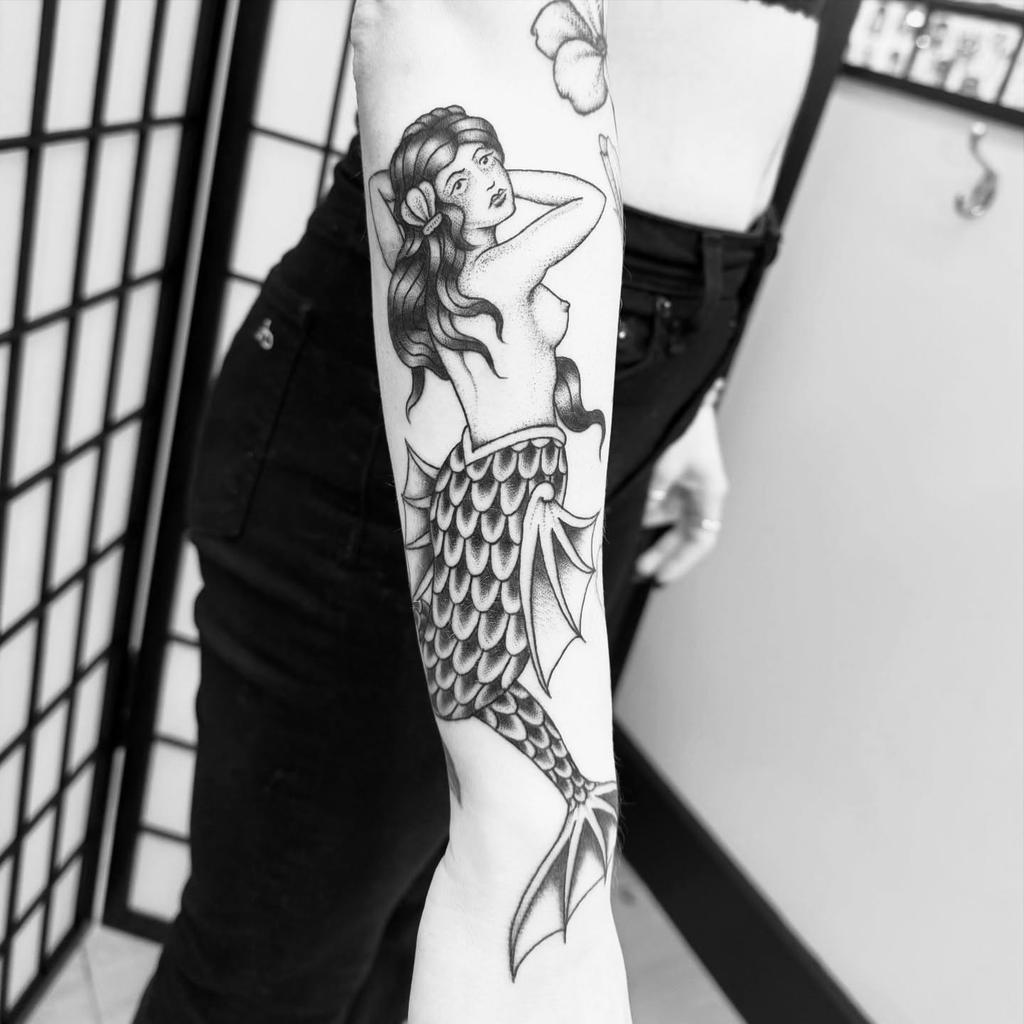 Mermaid dotwork tattoo on the forearm by JARED Boston Tattooer: Traditional, Fine, Boston, Massachusetts