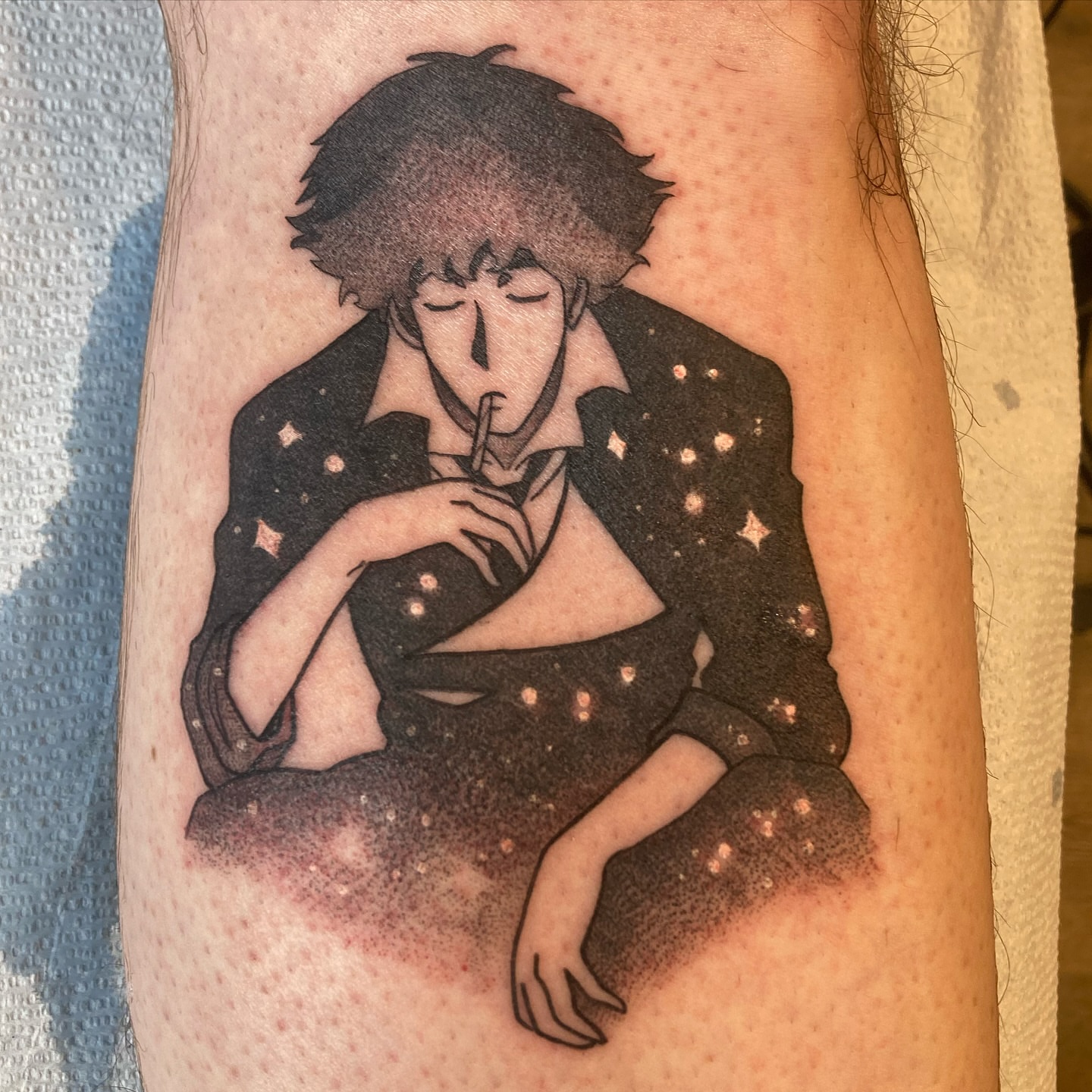 Man smoking dotwork tattoo on the forearm by Rizzie D'Alterio