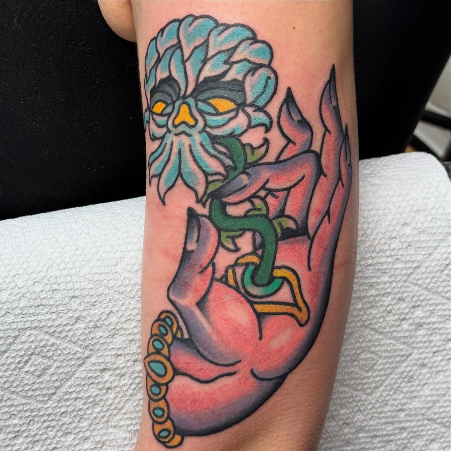 Monster American traditional tattoo on the forearm by David Gottschalk