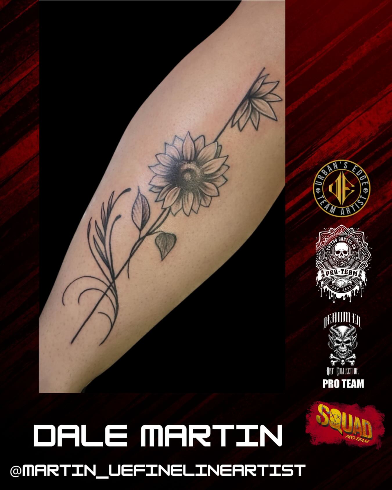 Sunflower fine line tattoo on the forearm by Dale Martin
