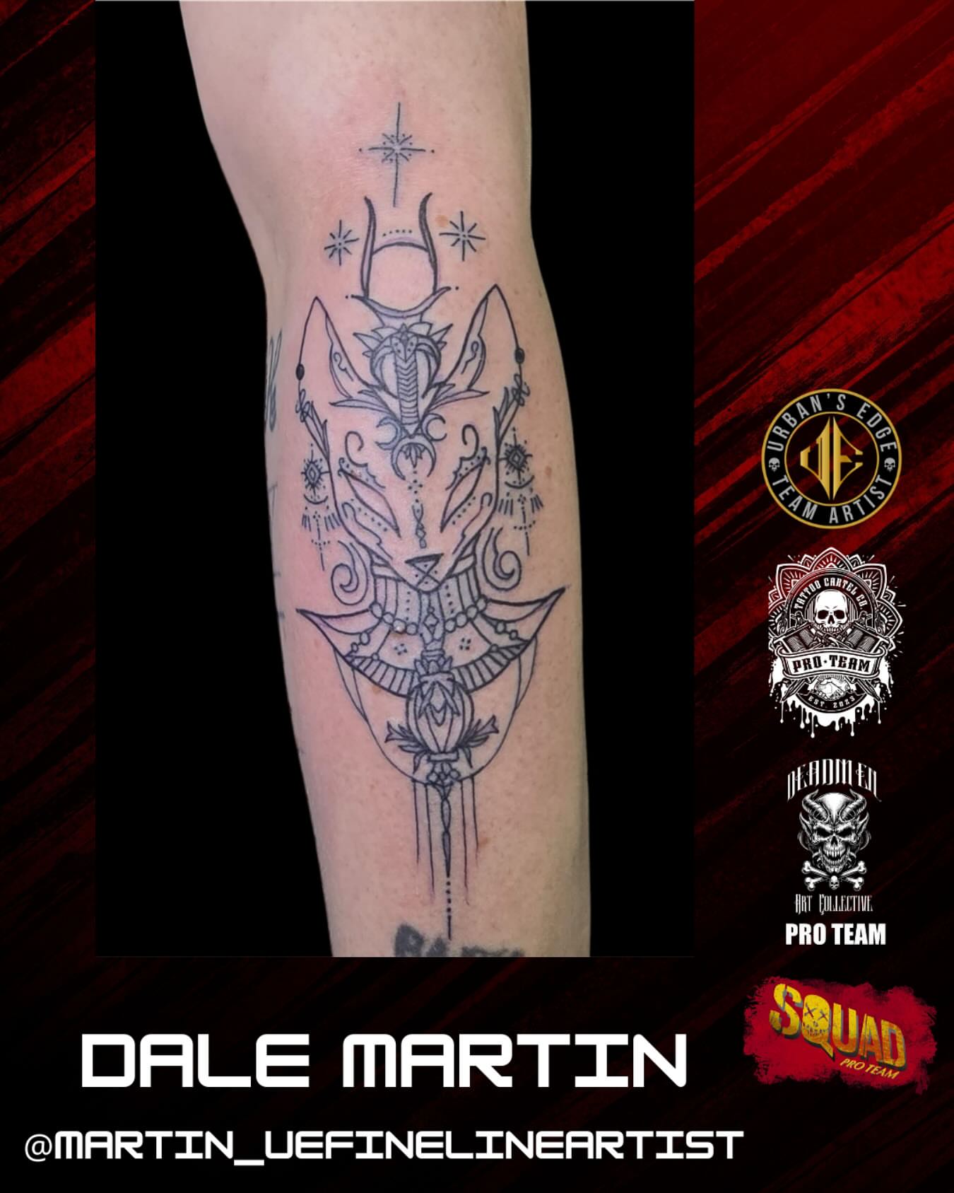 Geometric design fine line tattoo on the forearm by Dale Martin