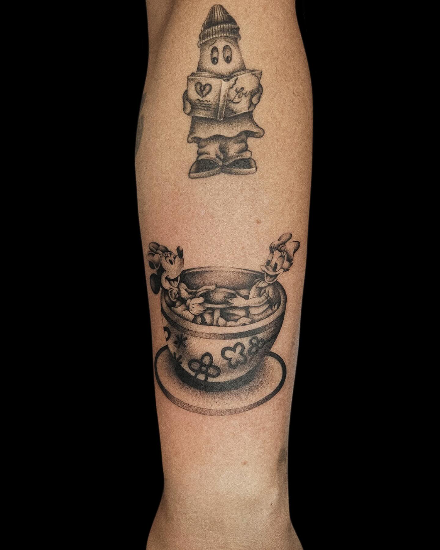 Cereal characters black and grey tattoo on the forearm by Jason