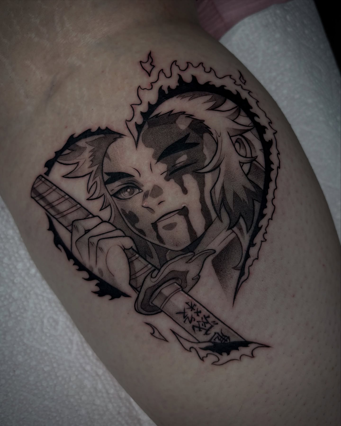 Tattoo by @tattoosbymeach — black_and_grey, anime