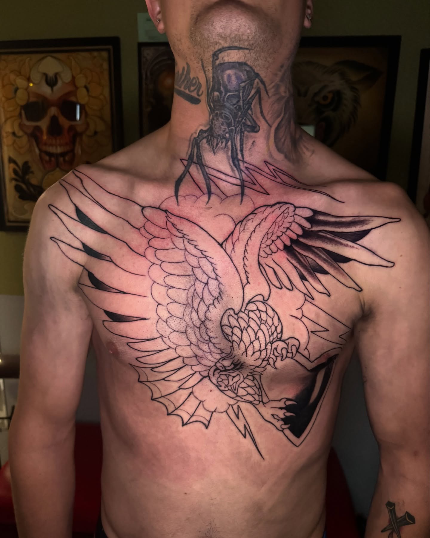 Eagle American traditional tattoo on the chest by Brandon Seven
