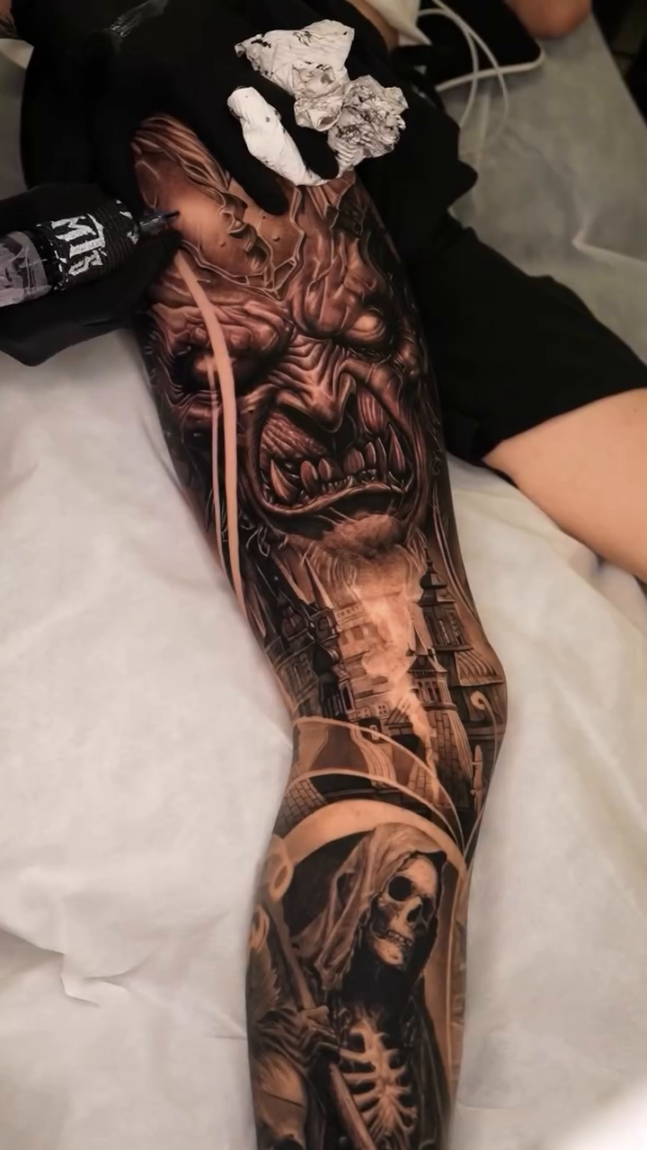 Demon and grim reaper dark realism tattoo by Steven tattoo