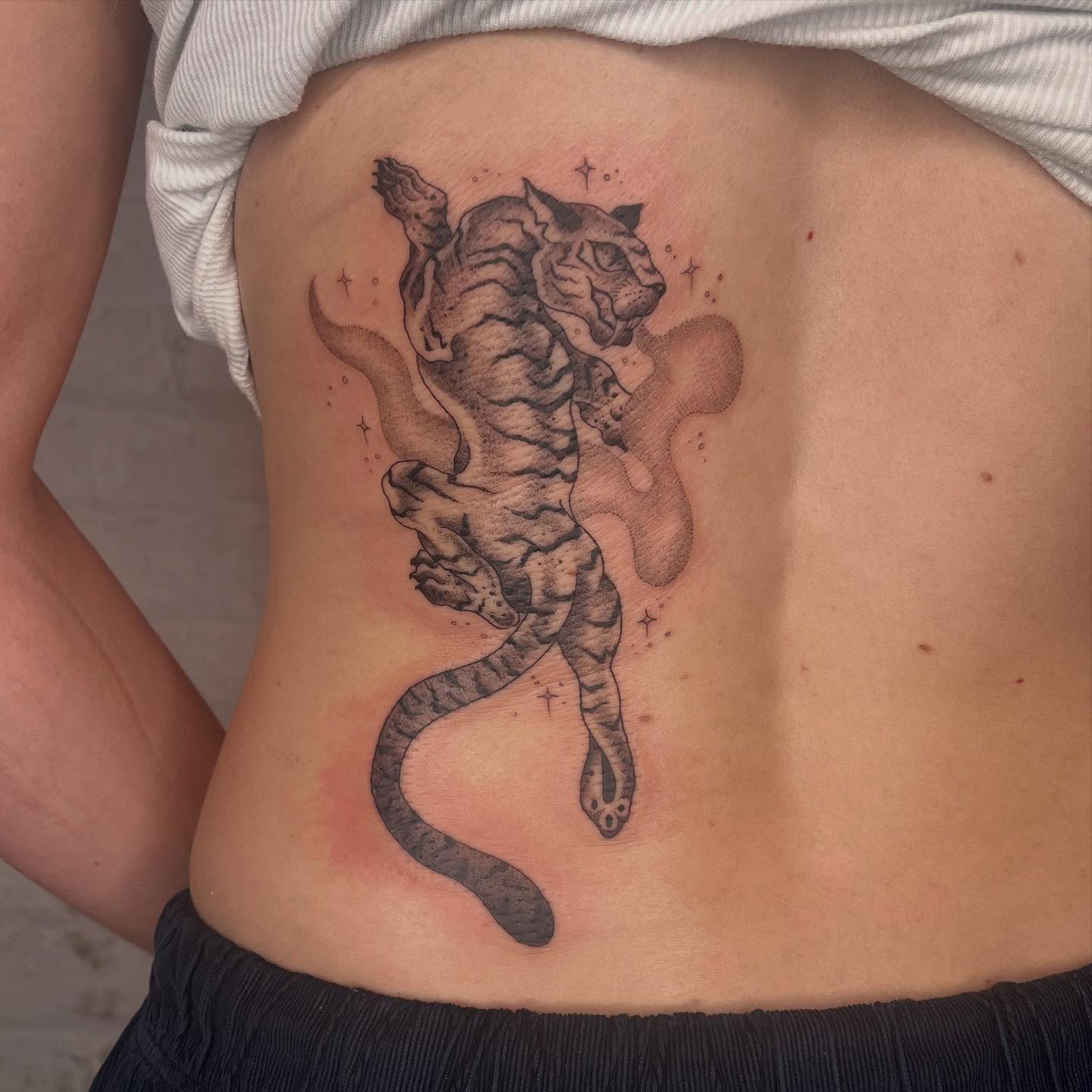 Tiger black and grey tattoo on the ribs by 𝔇𝔢𝔰𝔦
