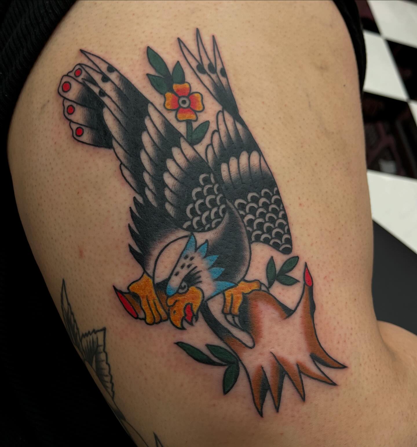 Eagle American traditional tattoo on the shoulder by Alva - DFW Tattoo Artist
