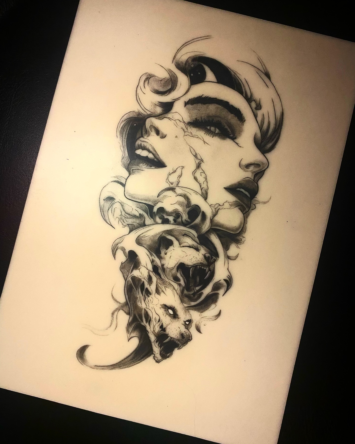 Woman with skull realism tattoo by 𝕷𝖚𝖈𝖎𝖉