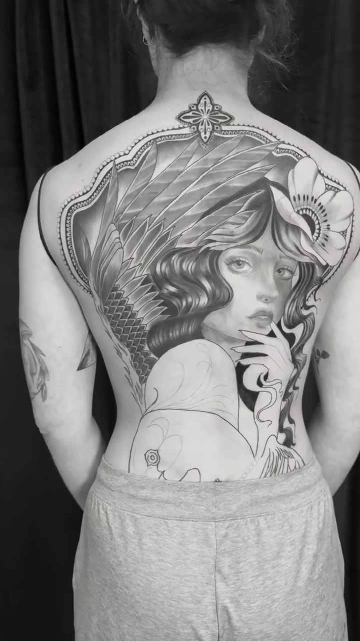 Woman with animal motifs realism tattoo by Tori Bent