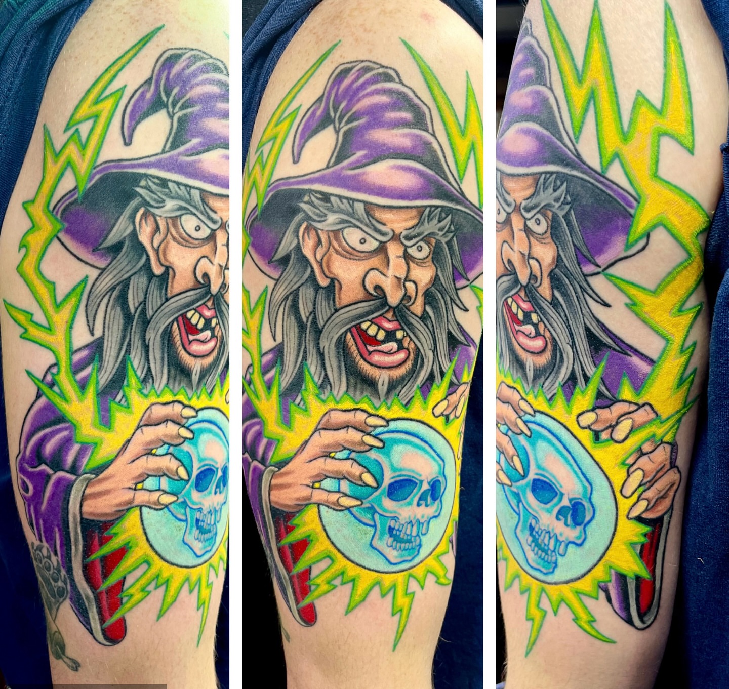 Wizard with skull American traditional tattoo on the forearm by Kenny Buck