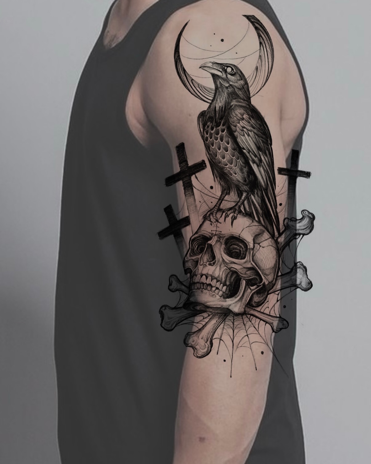 Crow and skull dark realism tattoo on the forearm by Kris Tattoo Chicago