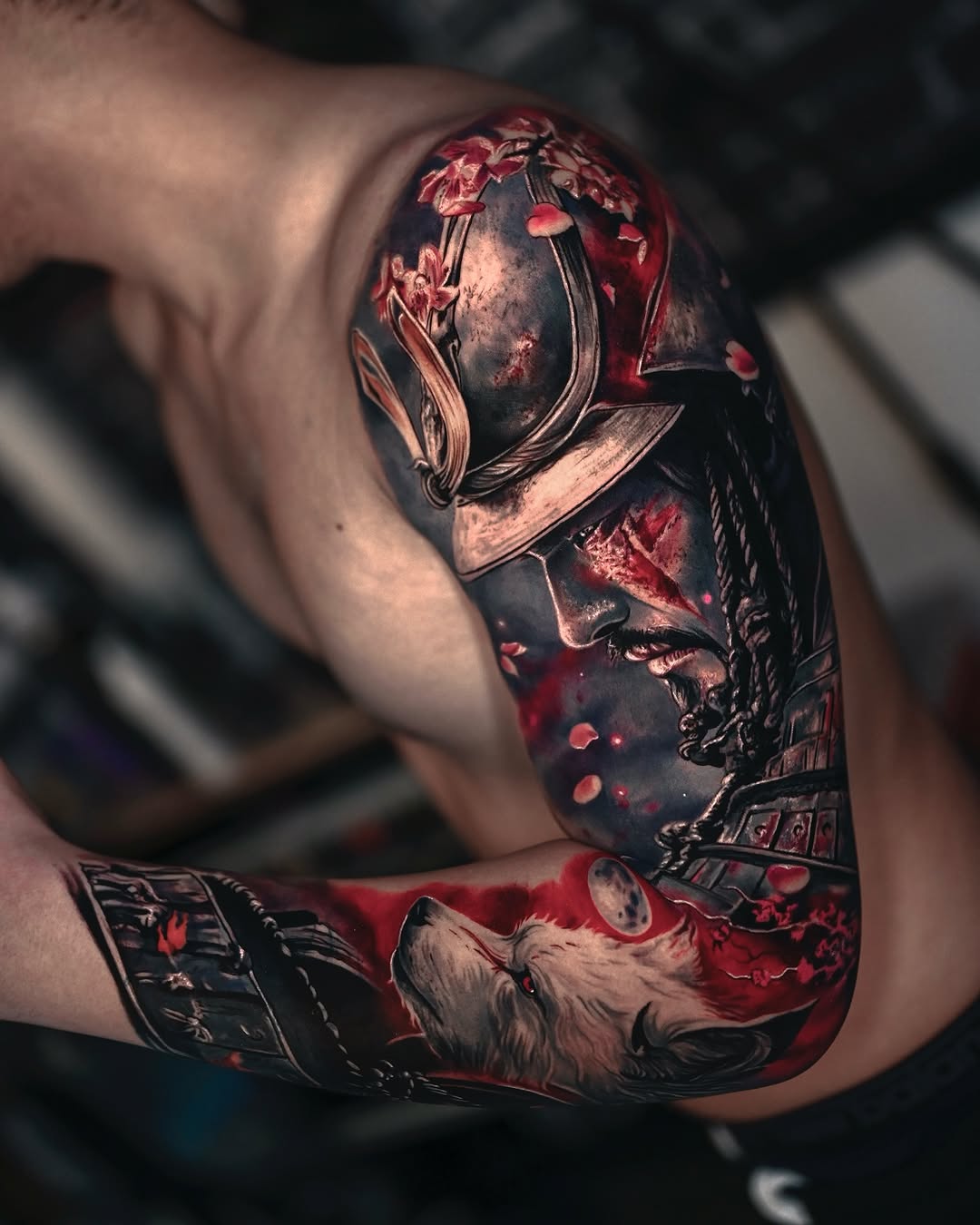Samurai warrior and wolf realism tattoo on the forearm by Marcos Salamanca