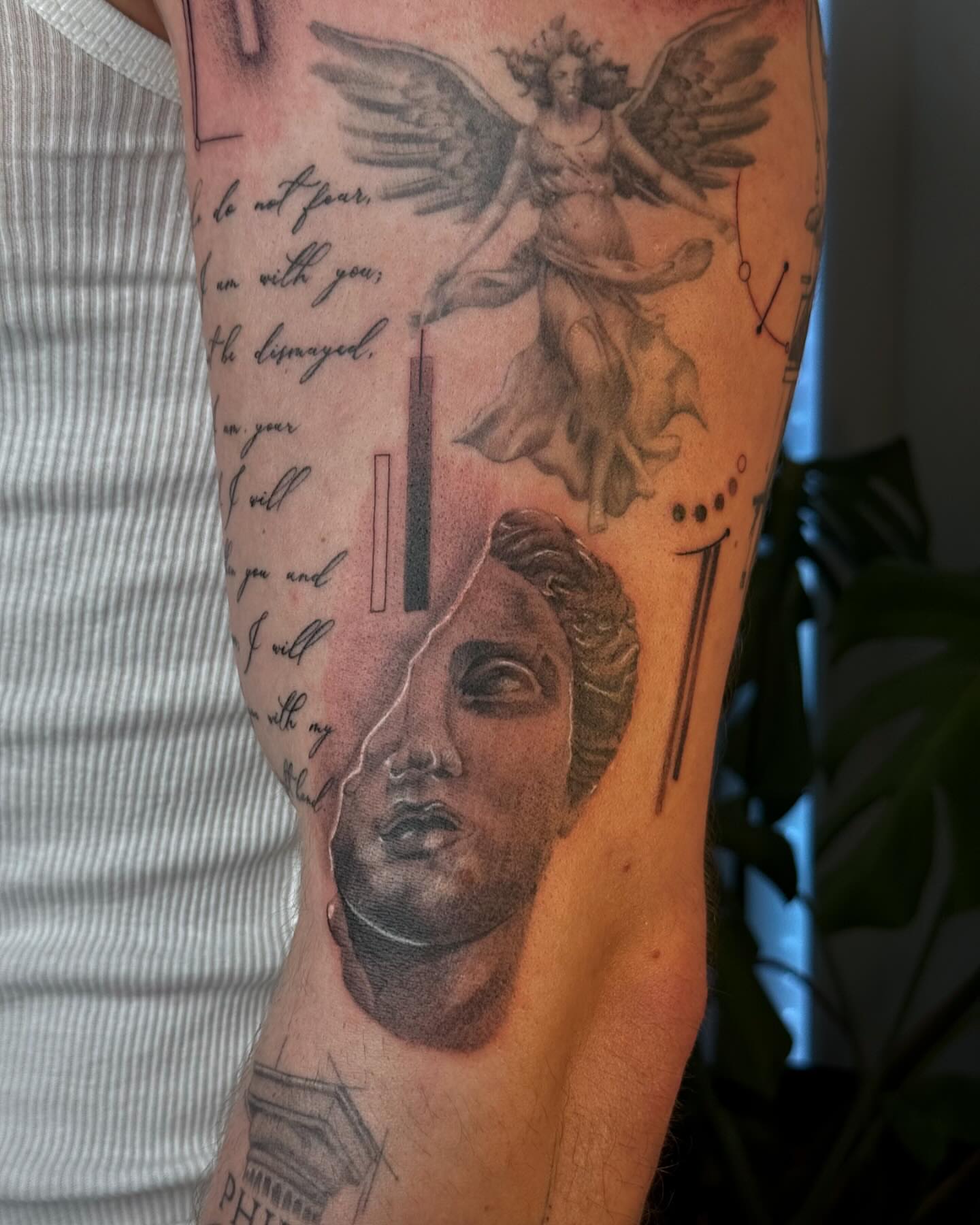Statue head and angel realism tattoo on the forearm by thuy (twee) <3, San Jose, California