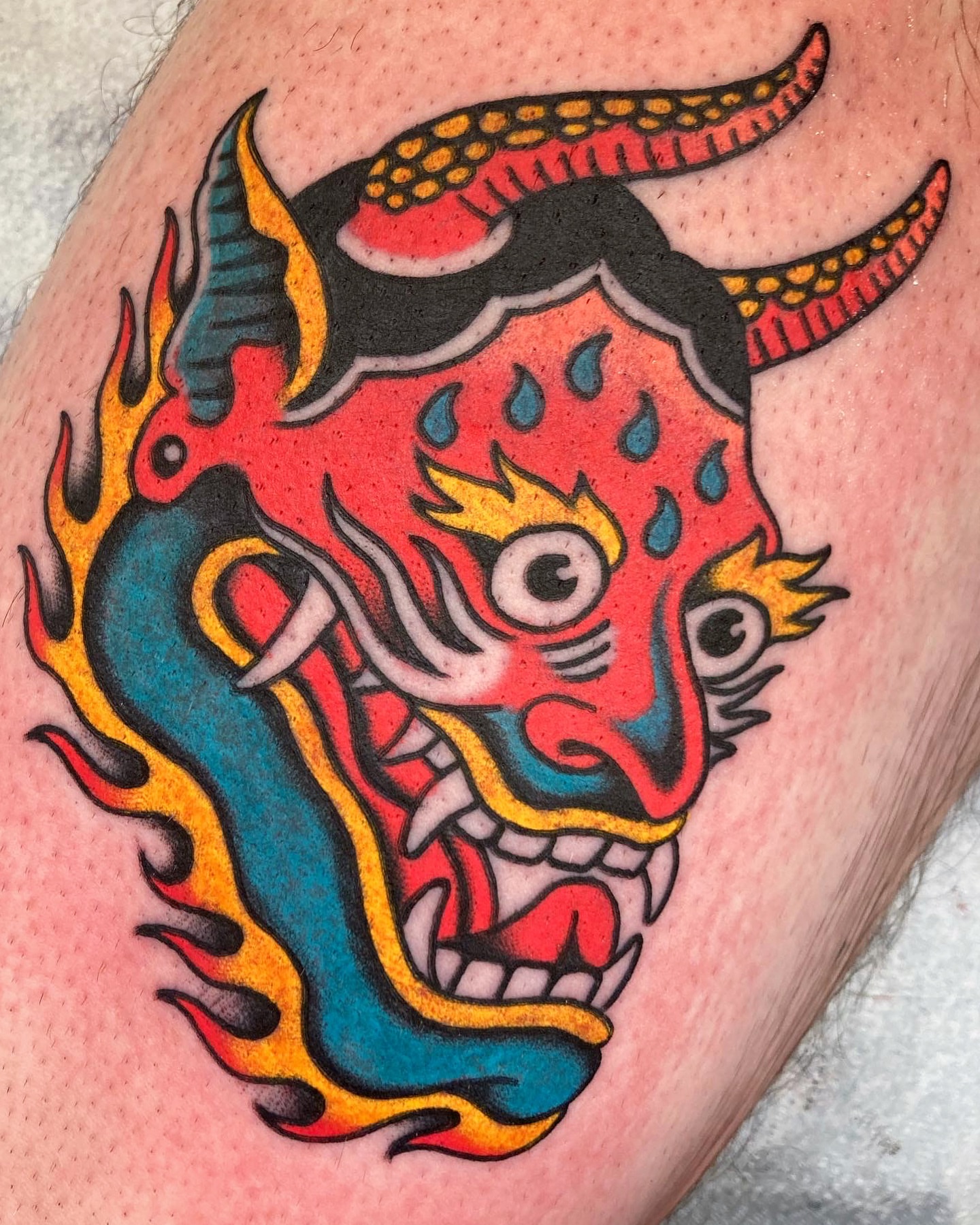 Demon head American traditional tattoo on the forearm by π΅ππππ π¬ππππ
