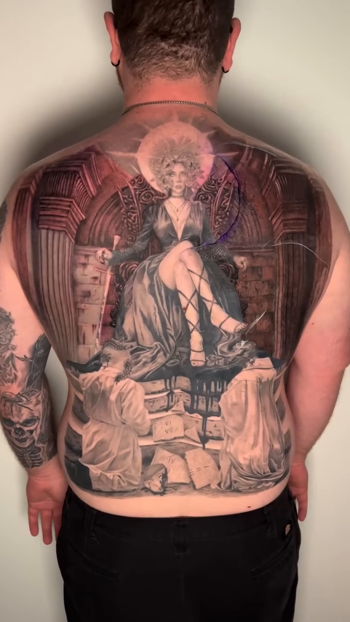 Gothic woman on a throne realism tattoo by Kitty