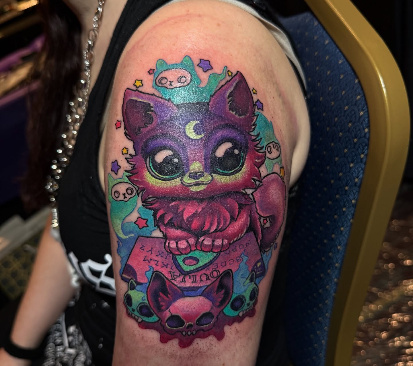 Cat new school tattoo on the forearm by Alexandra Fische