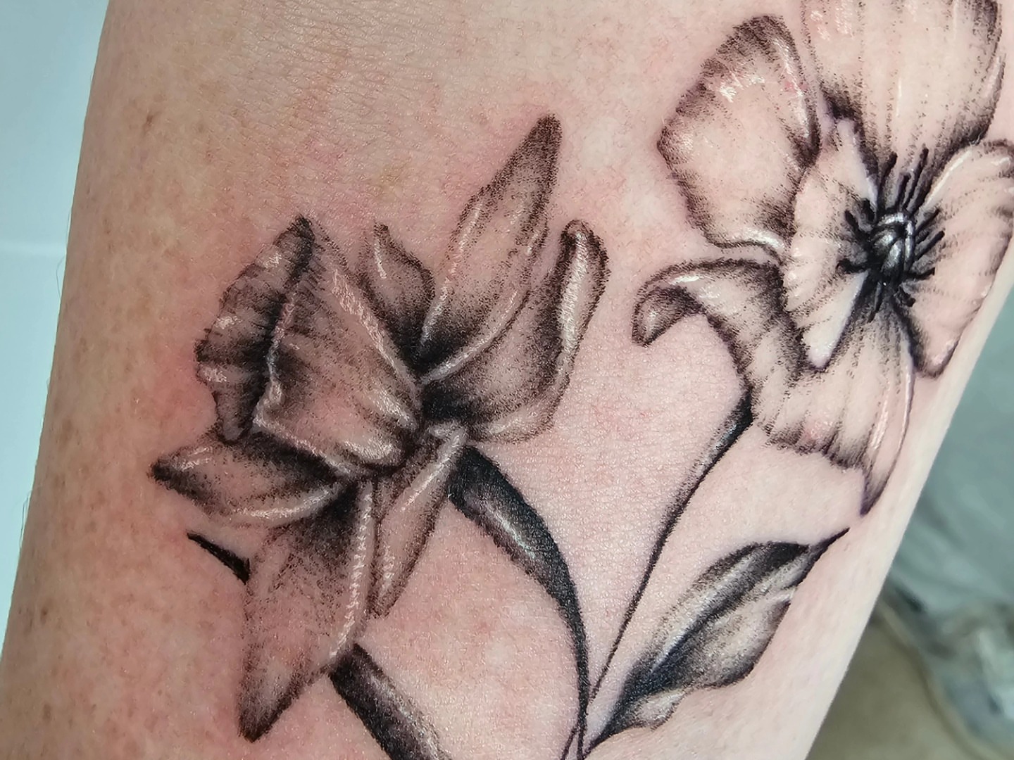 Flowers black and grey tattoo on the forearm by Madelynne