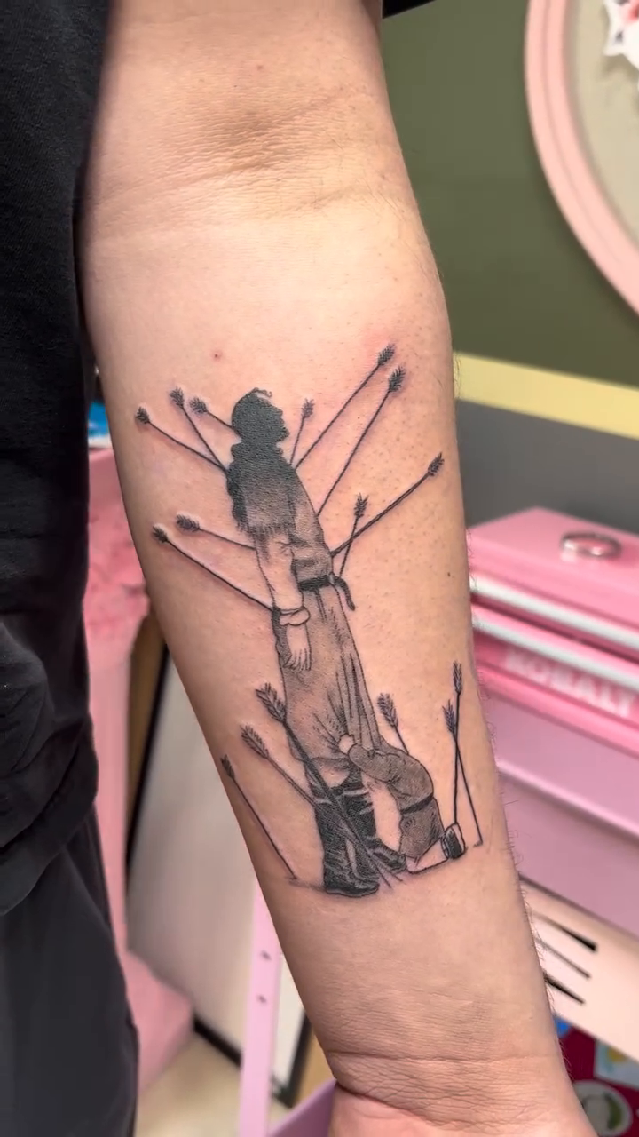 Woman with suspended elements realism tattoo by πΈππππ¦π£ππΈ