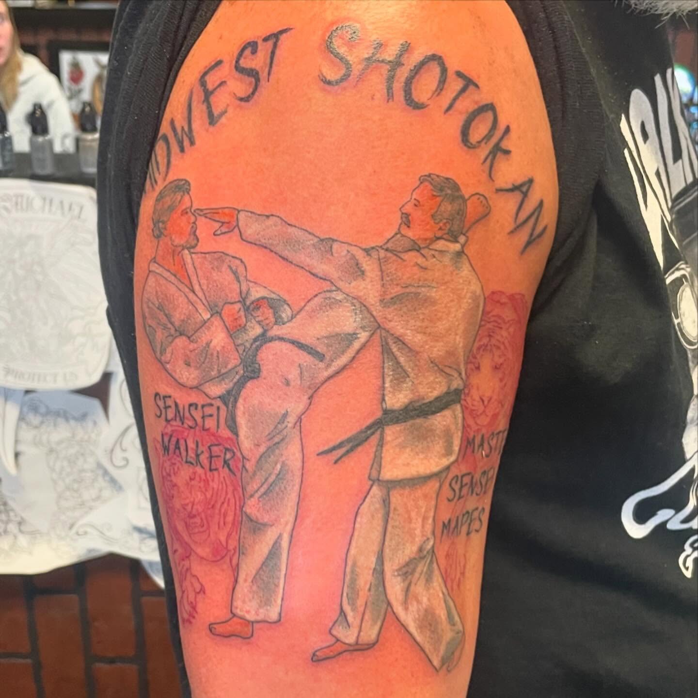 Karate training scene realism tattoo on the forearm by Evan