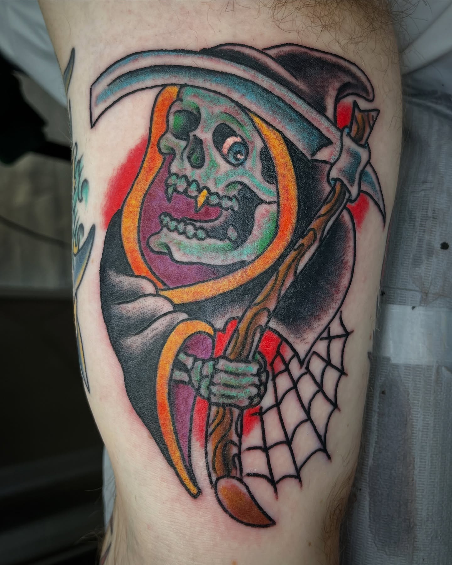 Grim reaper American traditional tattoo on the forearm by Steve Tiberi