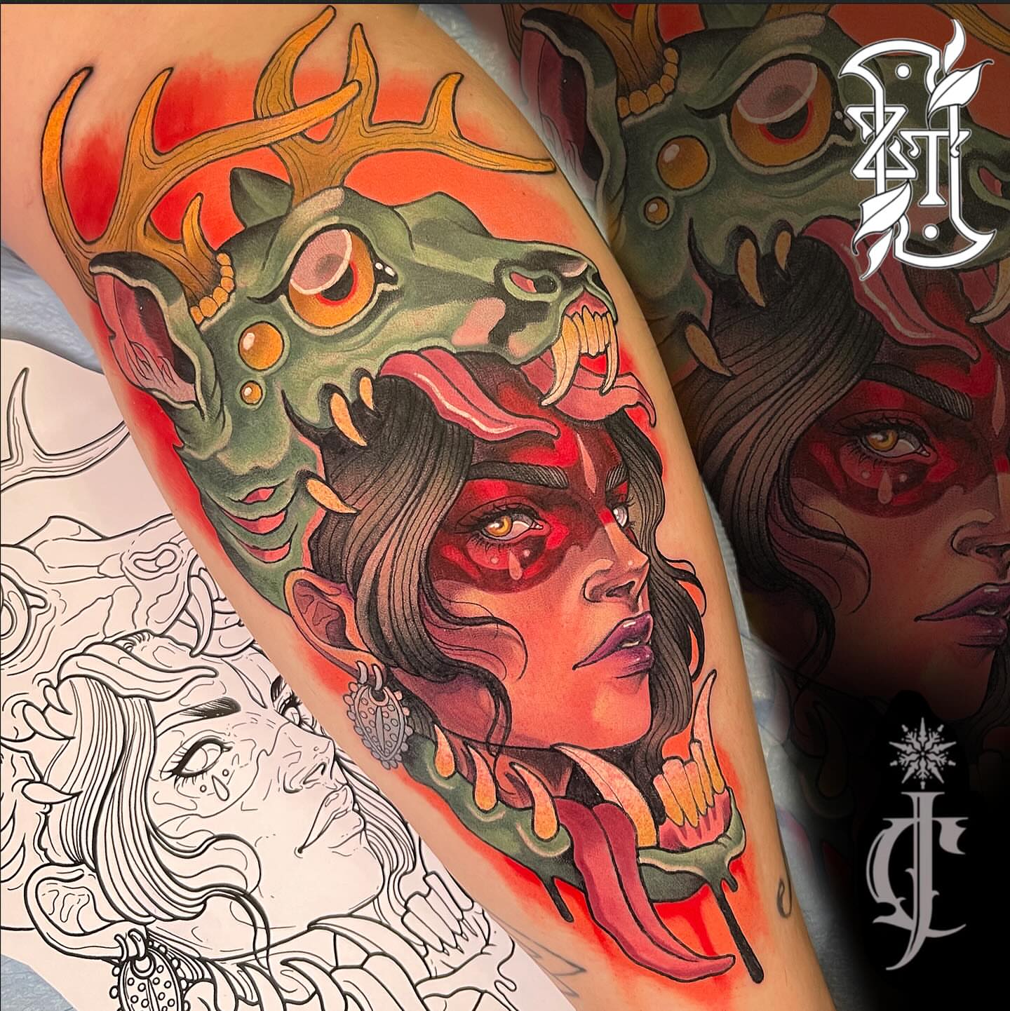 Woman with dragon dark realism tattoo on the forearm by Jessica Canvas