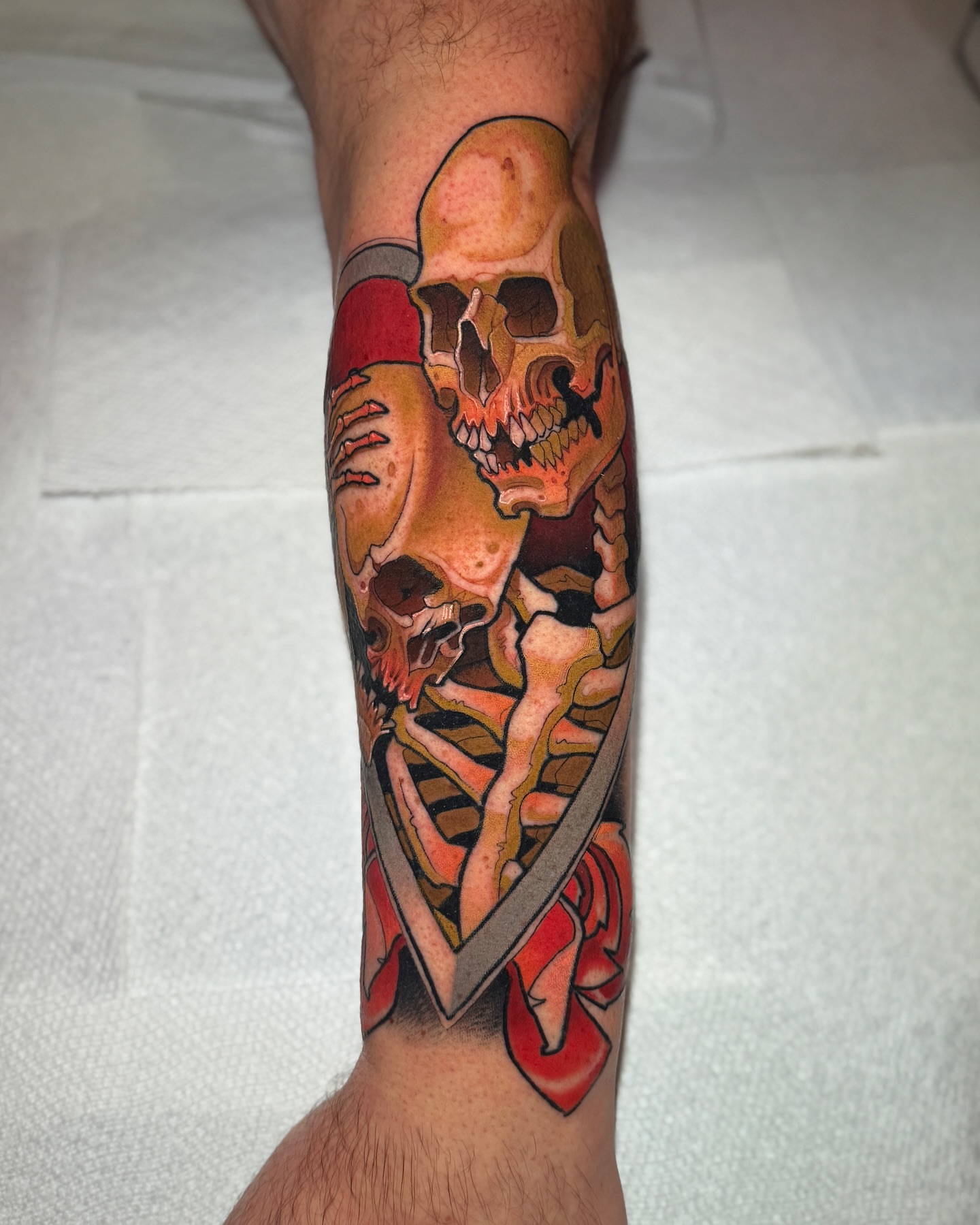 Skeleton with sword realism tattoo on the forearm by Matt - Neotrad Tattoos, New York, New York