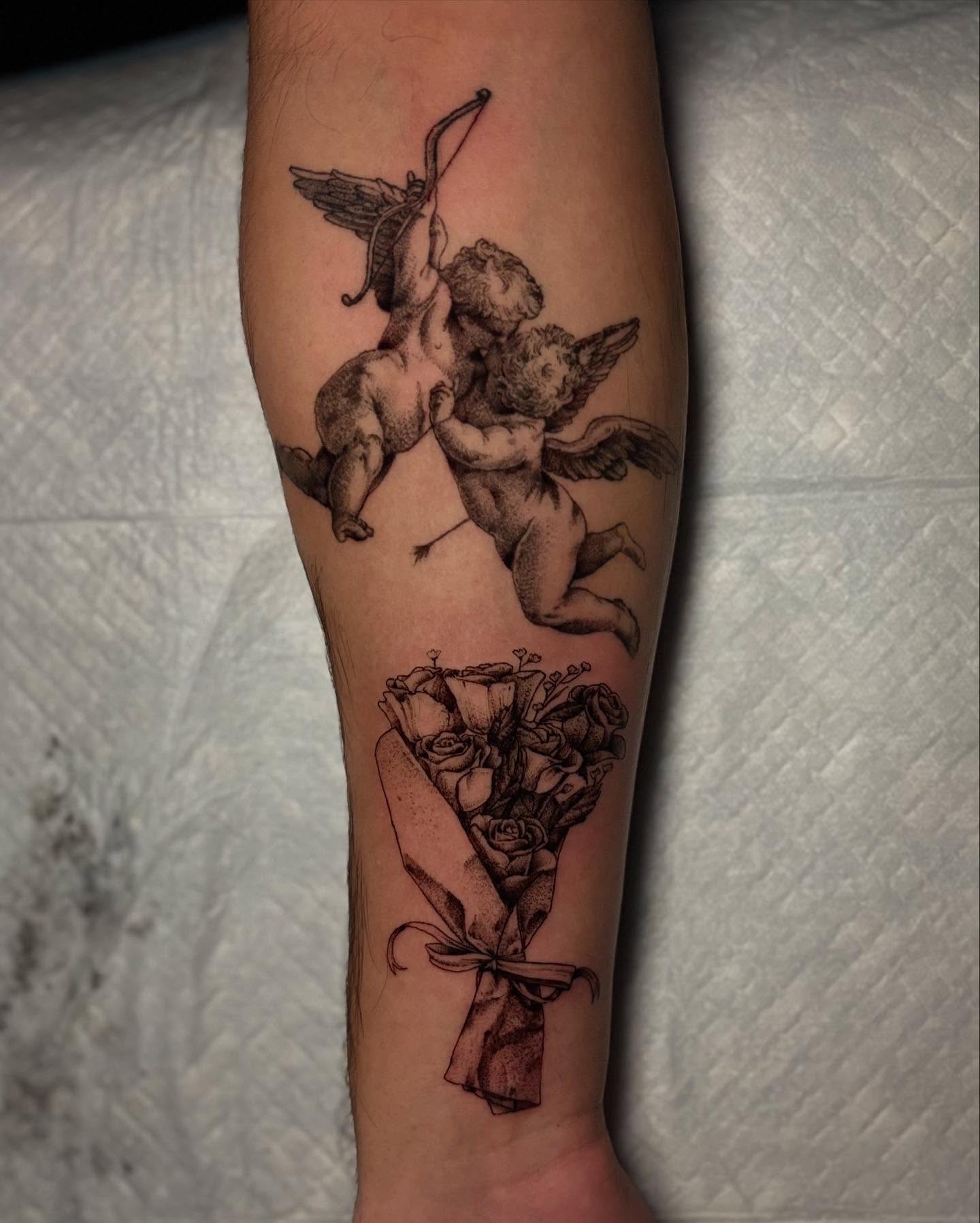 Cherubs and bouquet realism tattoo on the forearm by Sydney Dixon, Sacramento, California