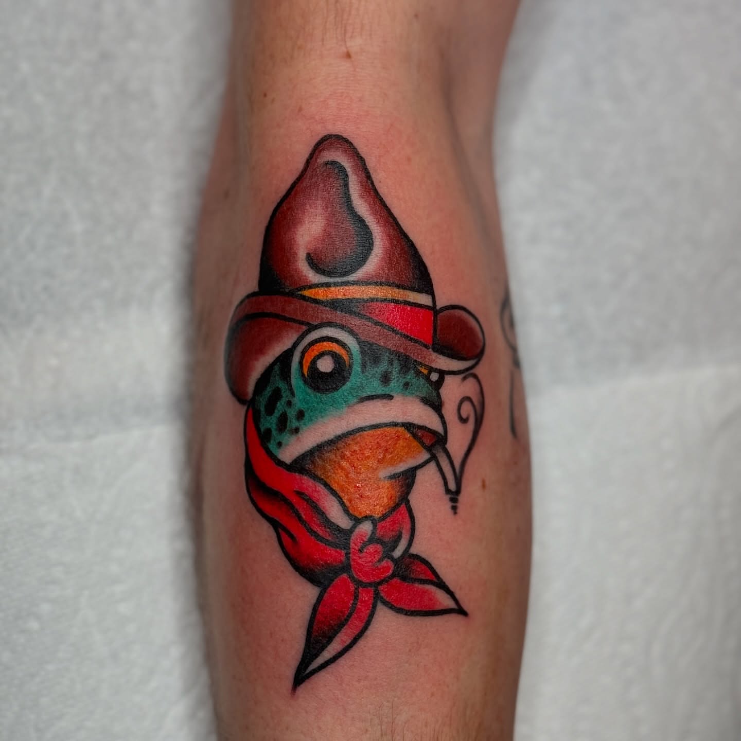 Frog wearing hat American traditional tattoo on the forearm by Domanick Libretti, Nashville, Tennessee