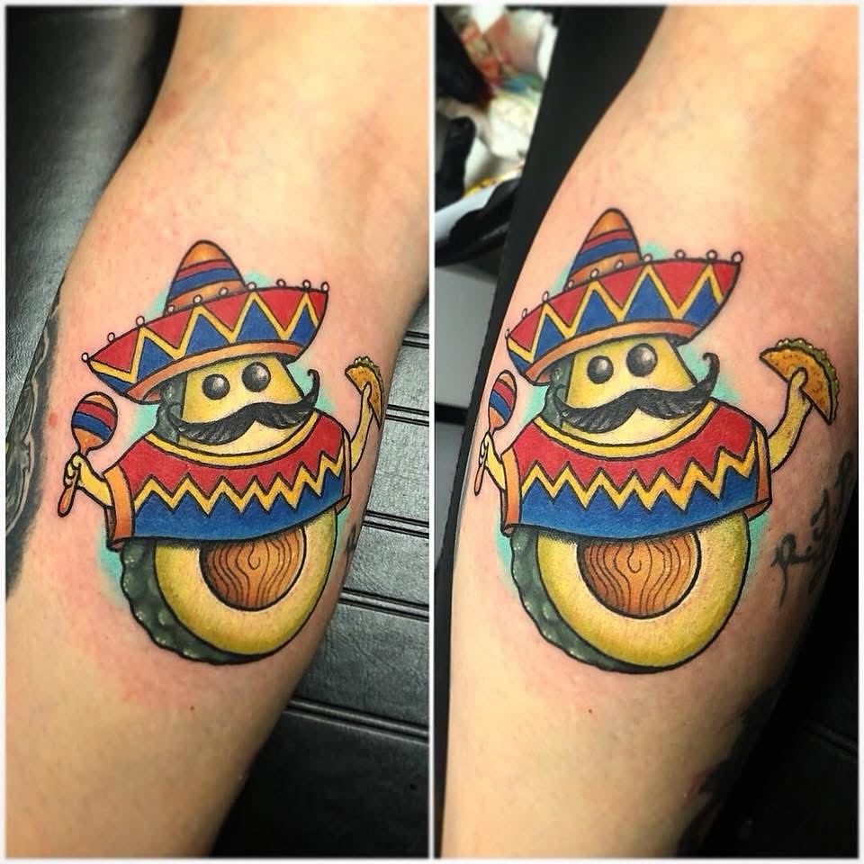 Sombrero character American traditional tattoo on the forearm by Derek Cilla, Bethlehem, Pennsylvania