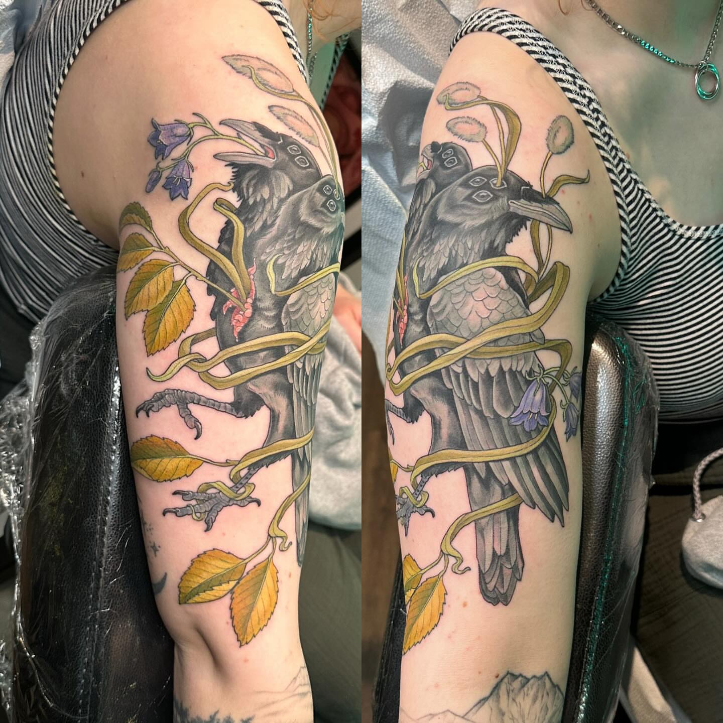 Raven and botanical elements realism tattoo on the upper arm by Cassidy Depew, Seattle, Washington