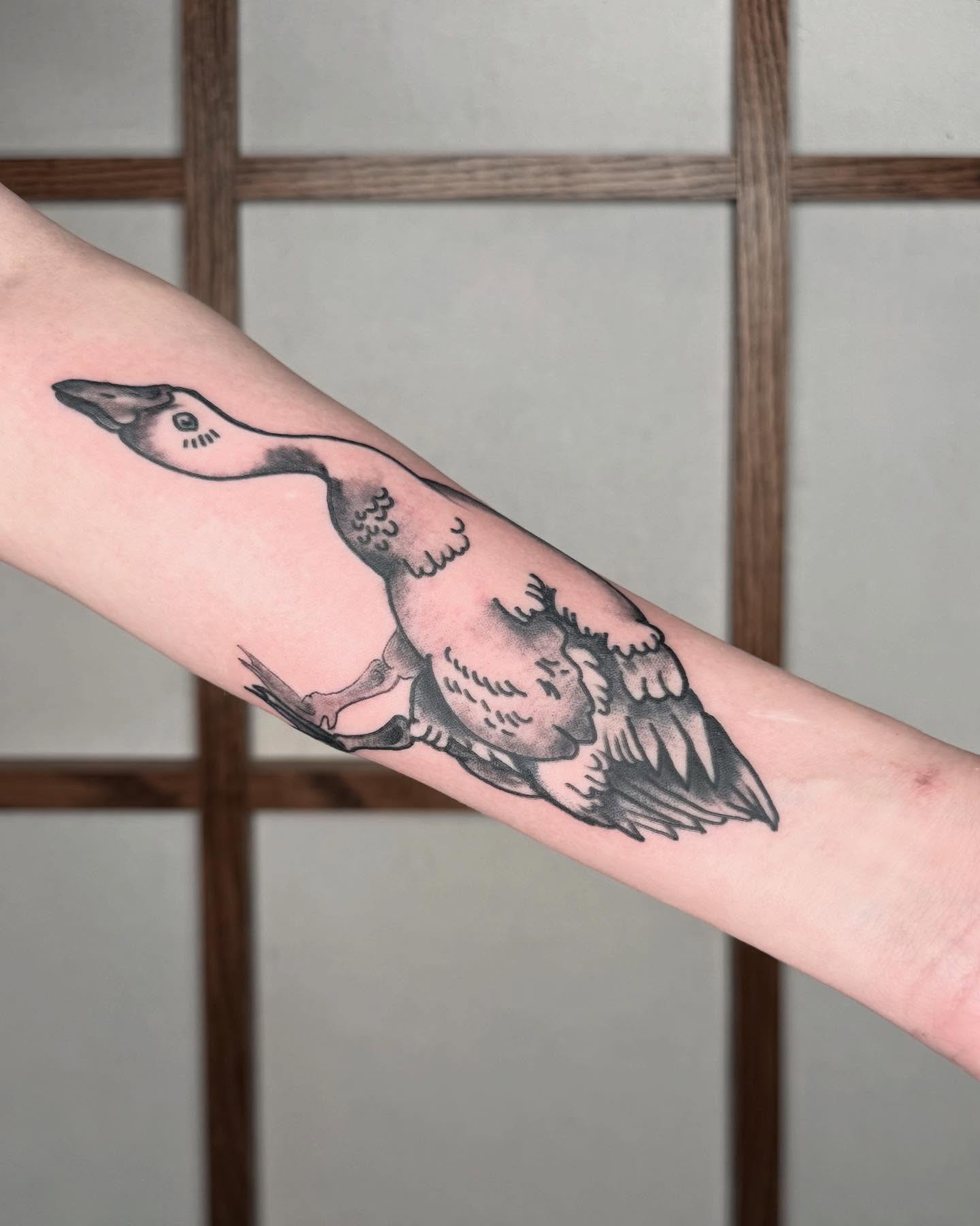 Goose black and grey tattoo on the forearm by G. Clover ⚧︎, Chicago, Illinois
