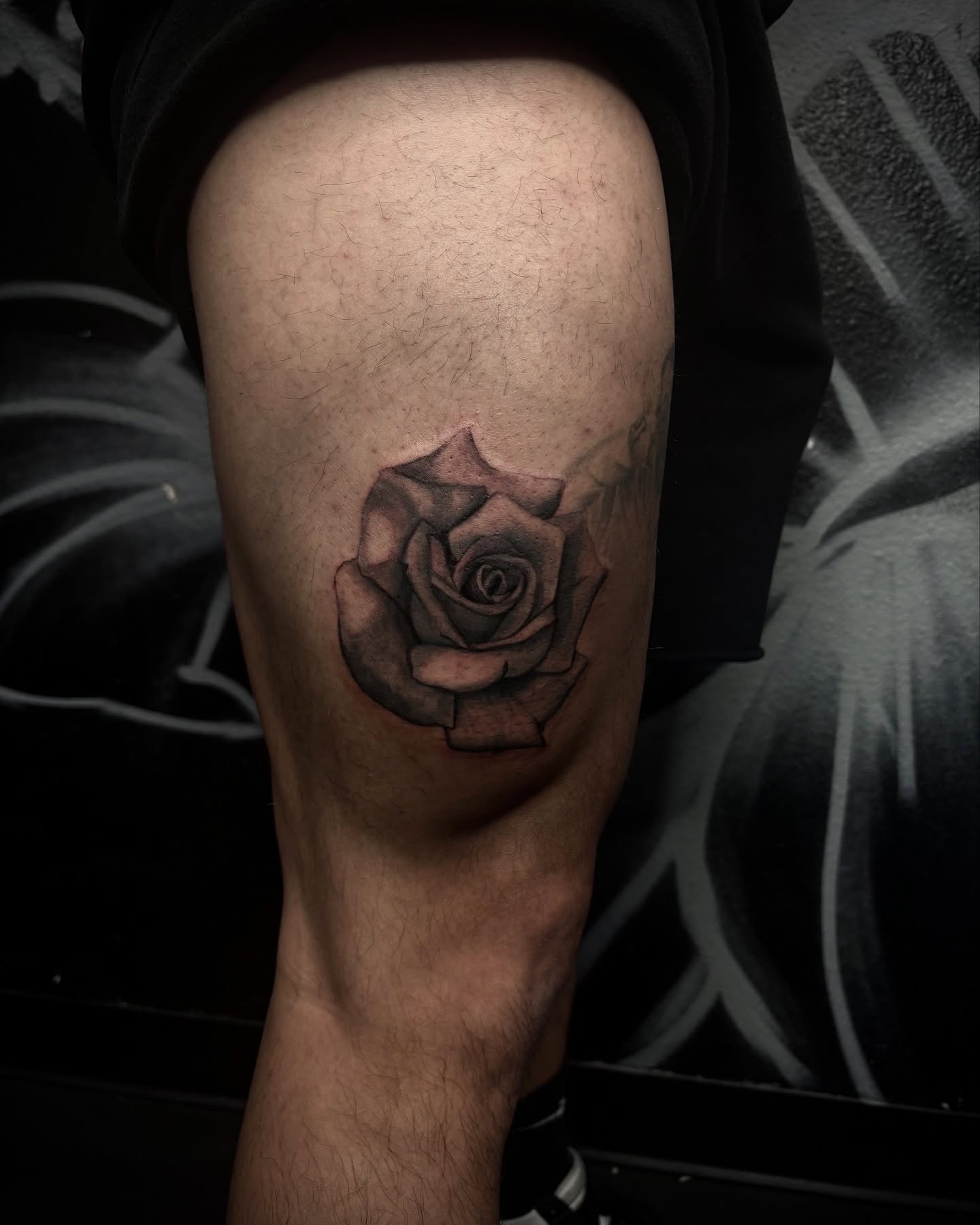 Rose black and grey tattoo on the thigh by Love 🥀 222