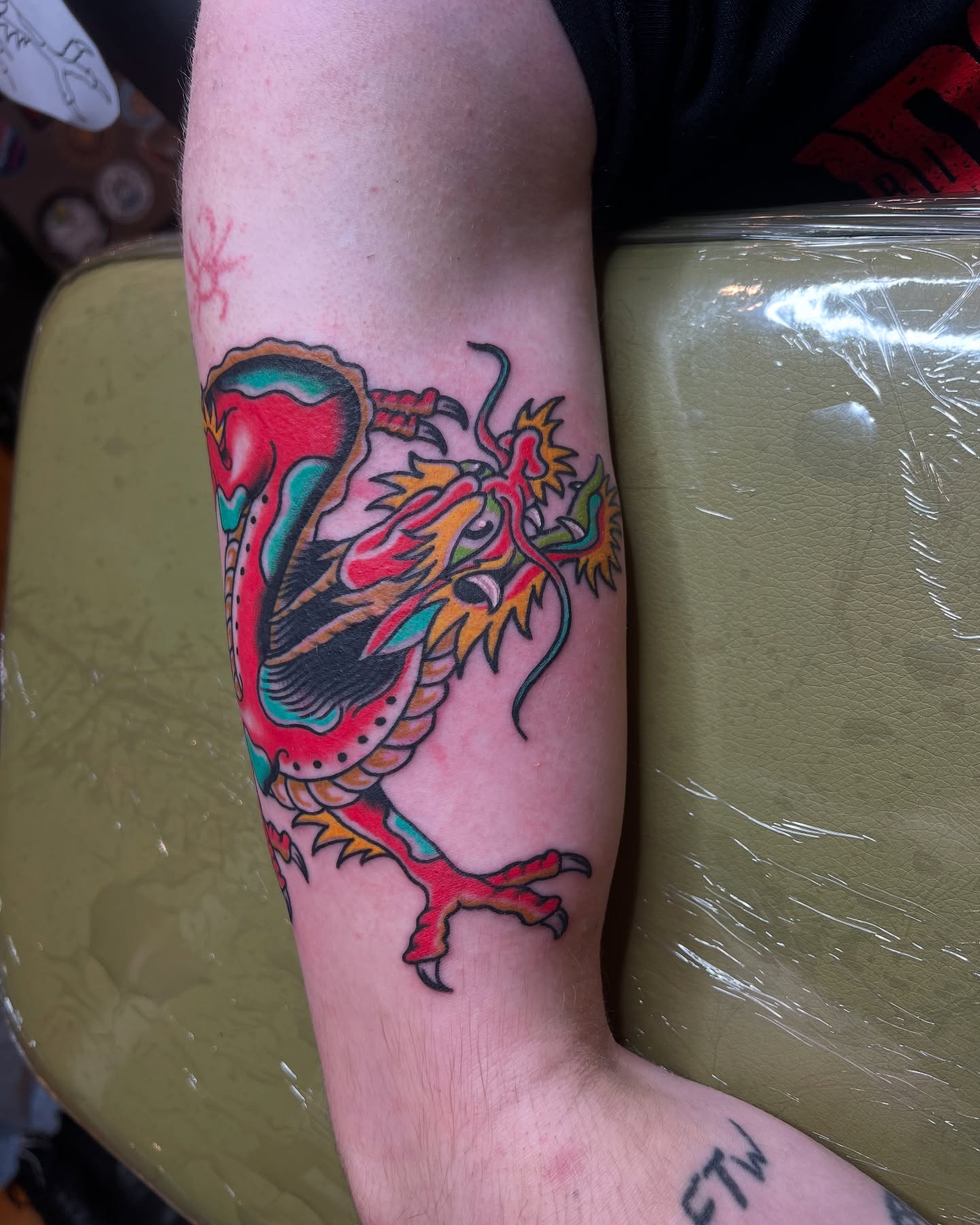 Dragon new school tattoo on the forearm by Savannah Brayton, Bethlehem, Pennsylvania