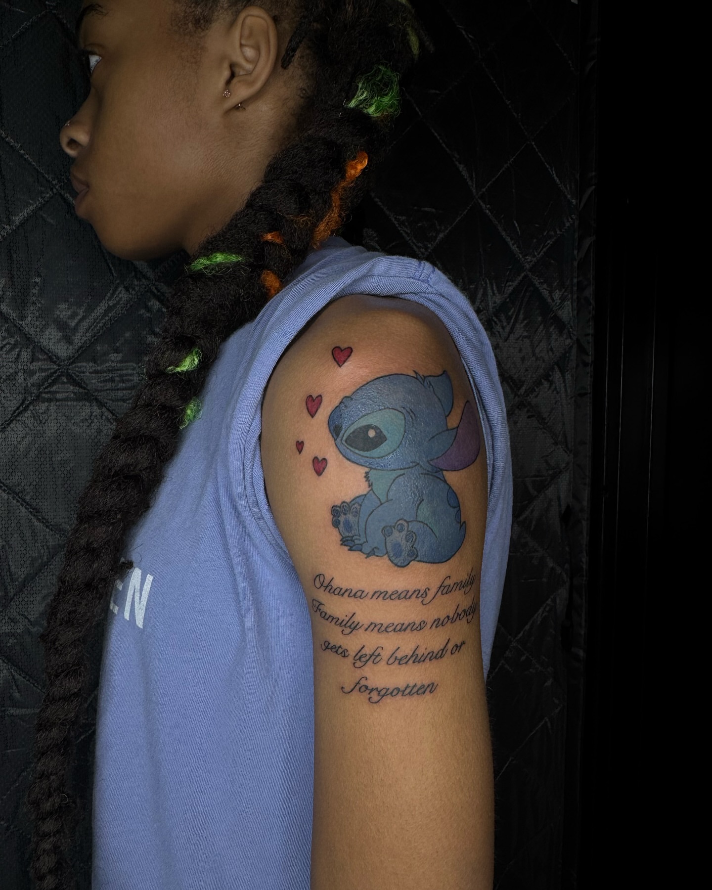 Lilo & Stitch anime tattoo on the shoulder by Chicago Tattoo Artist