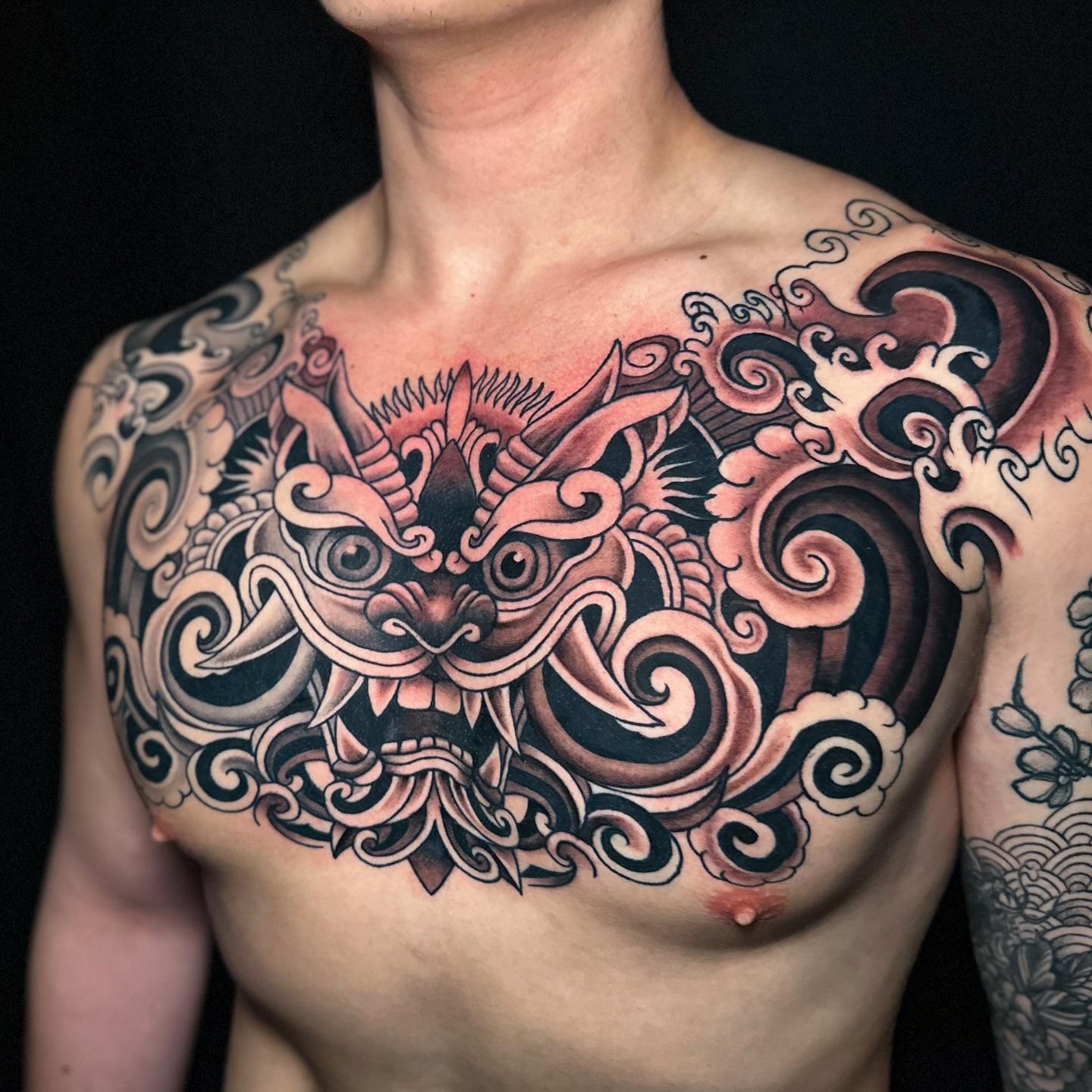 Demon mask japanese irezumi tattoo on the chest by Matt Trimble, Charlotte, North Carolina