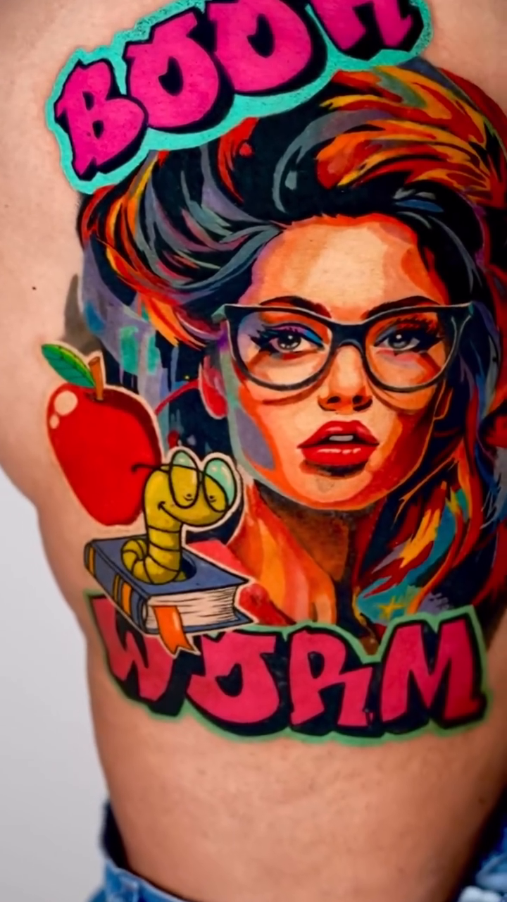 Woman with glasses and a bookworm new school tattoo by Dharma.tattoo